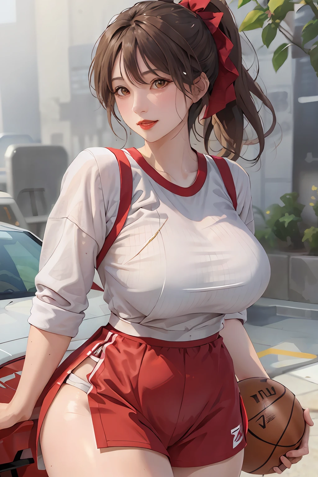 Masterpiece: 1.2, best quality), realistic, (real picture, rich details details, depth of field), (1girl, solo), smile, delicate facial features, makeup, high detail, perfect face shape, (big breasts: 1.4), ( skindentation), thick thighs, wide hips, thin waist, tall, coral, red lips, red eyes, ponytail, girl playing basketball, white basketball suit, (sweat: 1.2), (wet), sexy, blushing, sweaty