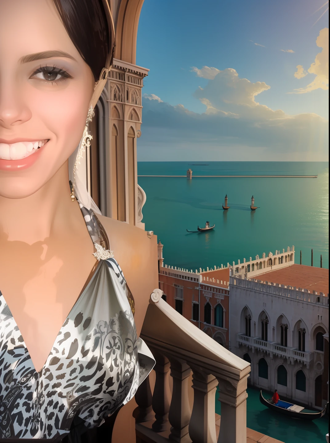 On the balcony of some Venetian building, overlooking the Doge's Palace and St. Mark's Square on the horizon, fim de tarde, natural  lightting, Veneza iluminada