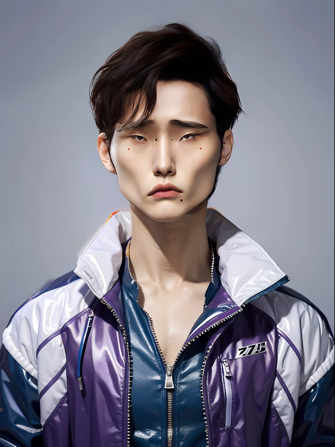 A 17-year-old male high school student in China，Wearing PVC purple，blue colors，amarelo，Red racing suit，There are zippers