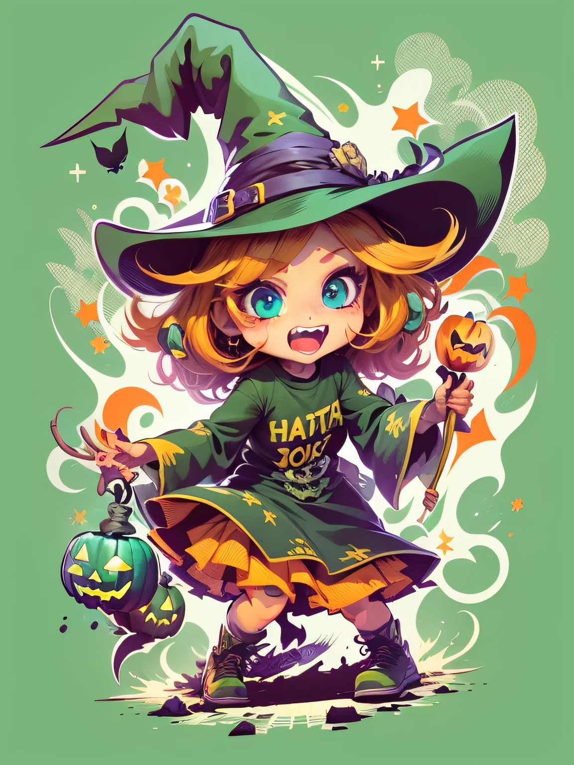 Vector t-shirt, Print-ready colorful graffiti, Illustration of a cute witch, Halloween, action shot, Halloween, high detail, whitebackground