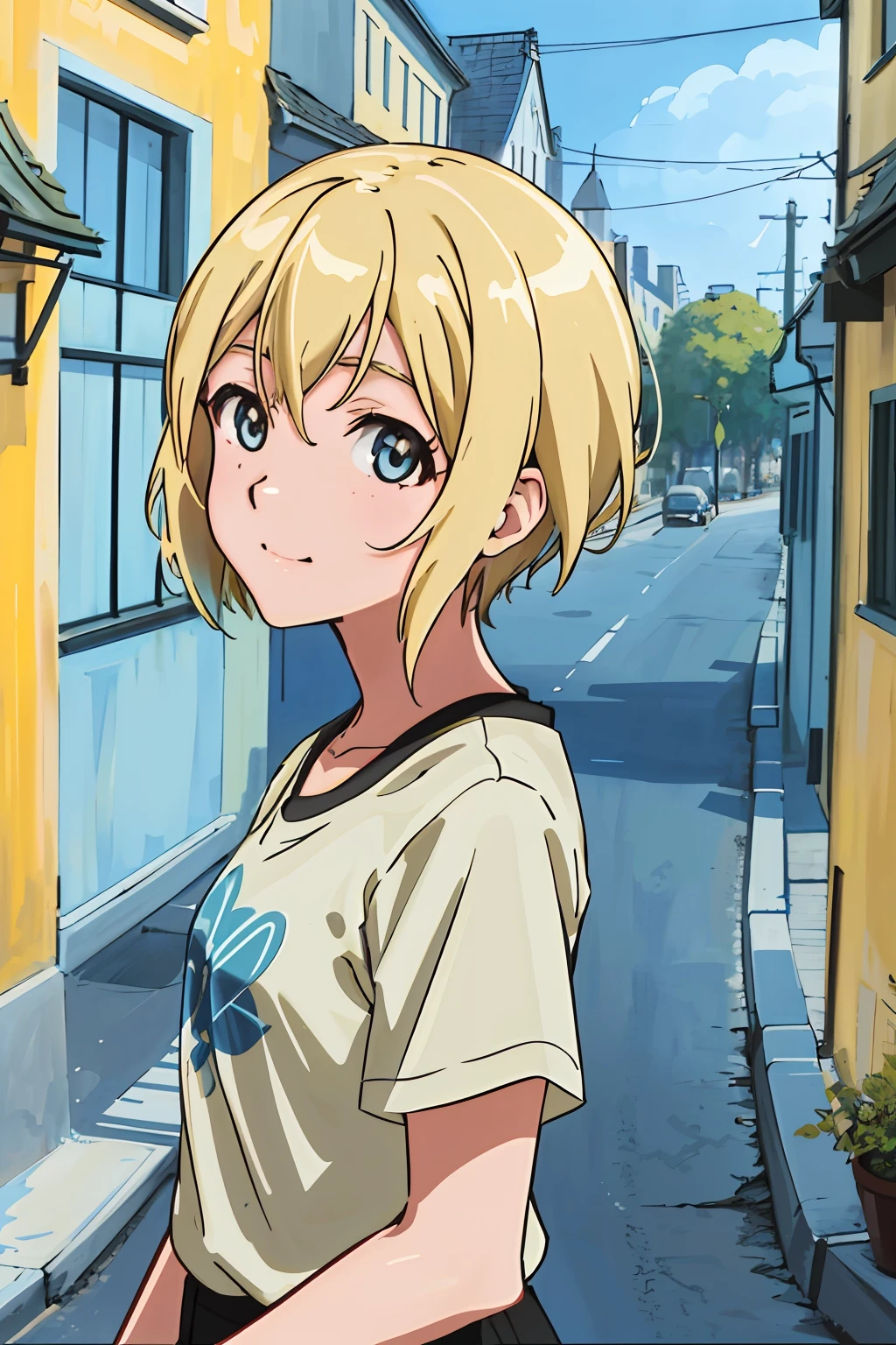 (highres, best quality:1.2), 1girl, radiance, soft contours, beautiful drawing, upper body, concept art, eyelashes, kyoani hyouka style, detailed background, bright colors,
erica hartmann, (blonde hair), light smile, t-shirt, stylish fashion clothes,
close-up, looking at viewer,
Outdoors, sunny day, blue sky