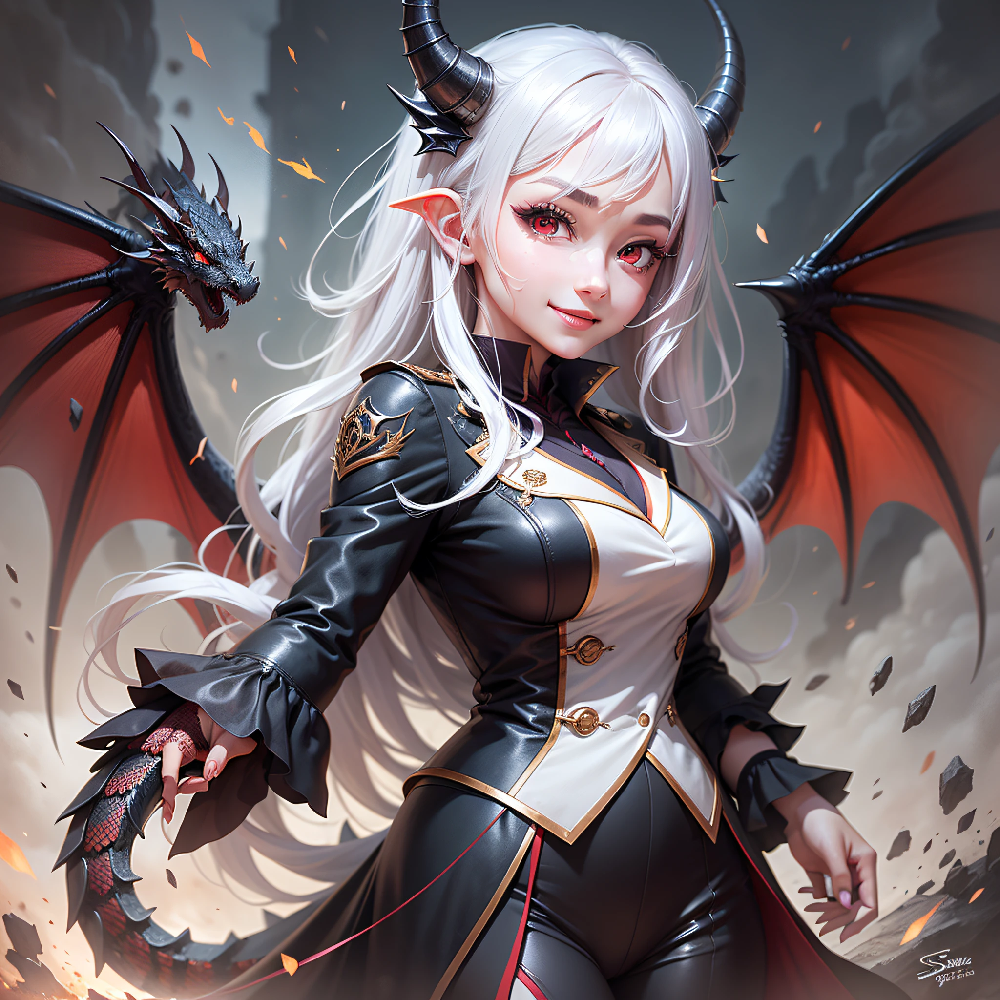 1girll、Dragon、Red eyes、Sharp eye light、Student uniform、ssmile、White hair、Dragon wings、Dragon's horn、Dragon's tail,1girll、Dragon、Red eyes、Sharp eye light、Student uniform、ssmile、White hair、Dragon wings、Dragon's horn、Dragon's tail,