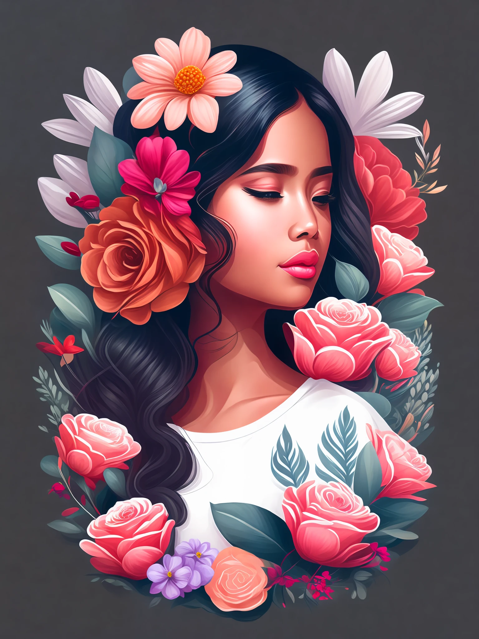 Menina bonito com orelhas de raposa e flores, design de camiseta, rzminjourney, arte vetorial