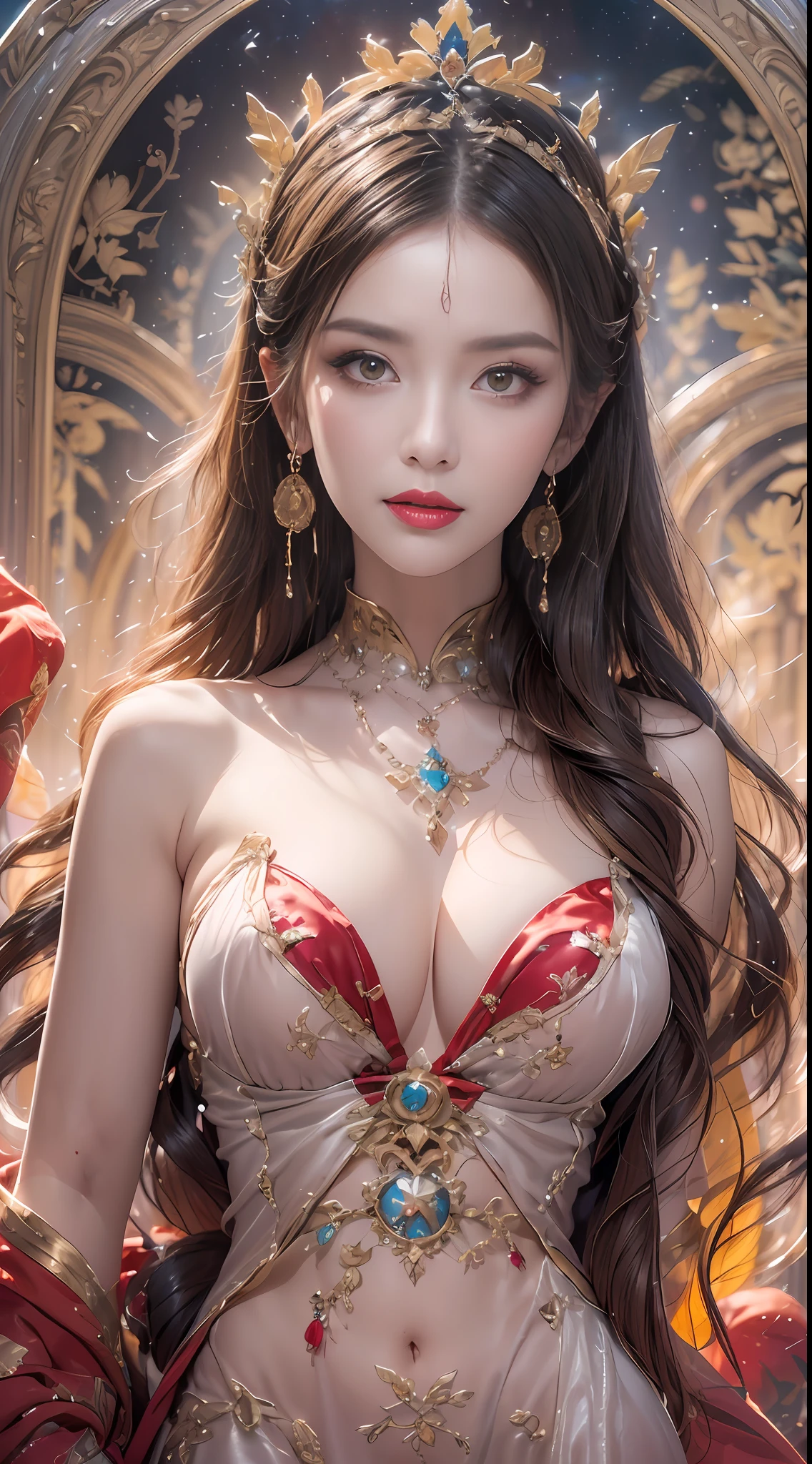 1 lustful beautiful saint, bare chest, beautiful face without blemishes, ((Natural smile:1.0)), ((flat bangs:1.2)), (((long hair): platinum :0.8 ))), big crown, hair brooch, hanfu dress, fanciful hanfu style, full body jewelry, forehead tattoo, super even chest, woman's face, delicate face makeup, mold pretty face, (((including porcelain teeth: 0.8), prettiest and details light red lipstick, huge breasts, super round and balanced, (((Full and thin lips: 0.3) )), ((Color) yellow eyes: 1,2), Detailed and delicate lighting effects, light and dark, light impression, magical light, detailed light, true color, super sharp, realistic, 8k quality, fanciful cosmic background, saintess and fantasy space, the most detailed image, ((Solo:0.3)), ((holy girl:0.6)), (( look at) straight to the saint's upper body female:0.4)), upper body, ((smooth skin:0.5)), ((solo:1.3)), ((( alone girl : 1.3)), saint portrait, short photo, Full portrait body, (((open mouth:0.6))),Digital Reality,((fanciful red smoke effect:1.2)),