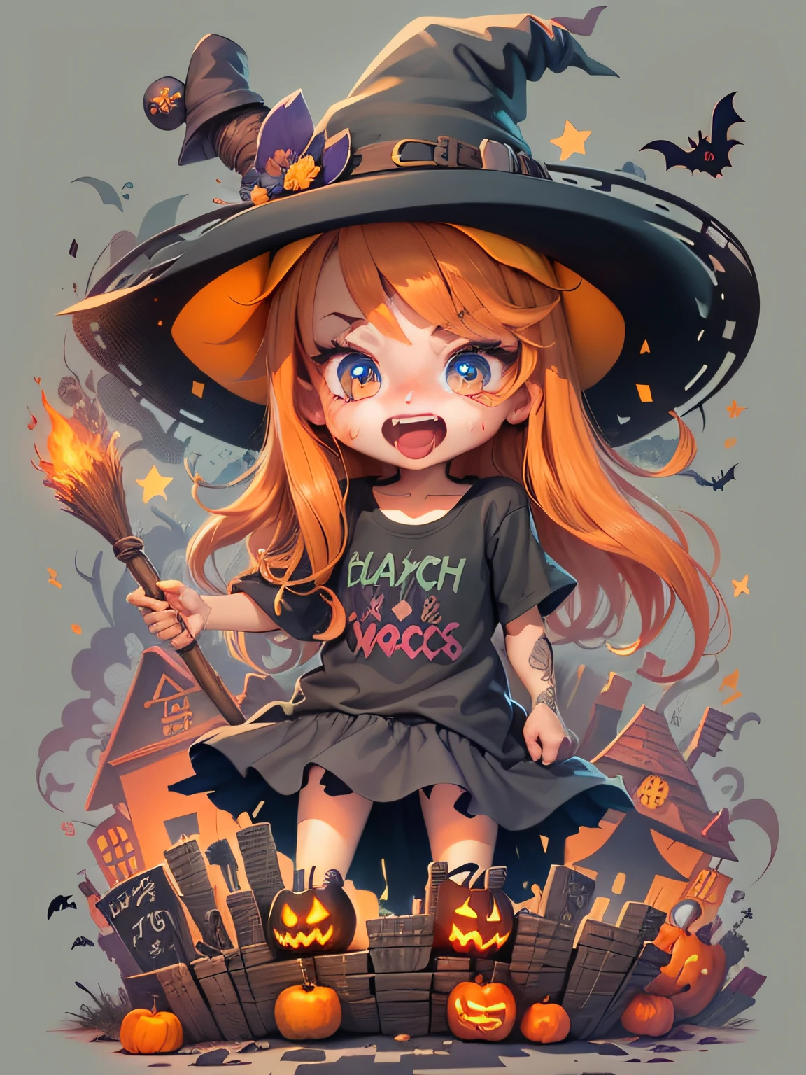 Vector t-shirt, Print-ready colorful graffiti, Illustration of a cute witch, Halloween, action shot, Halloween, high detail, whitebackground