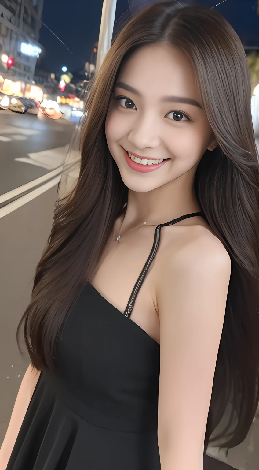 ((Best quality, 8k, Masterpiece :1.3)), 1girl, smiling, full body, slim face, Pretty woman, (Dark brown hair), full length dress :1.1, Ultra-detailed face, Detailed eyes, Double eyelid, blur background, slim face, city, outside, street,