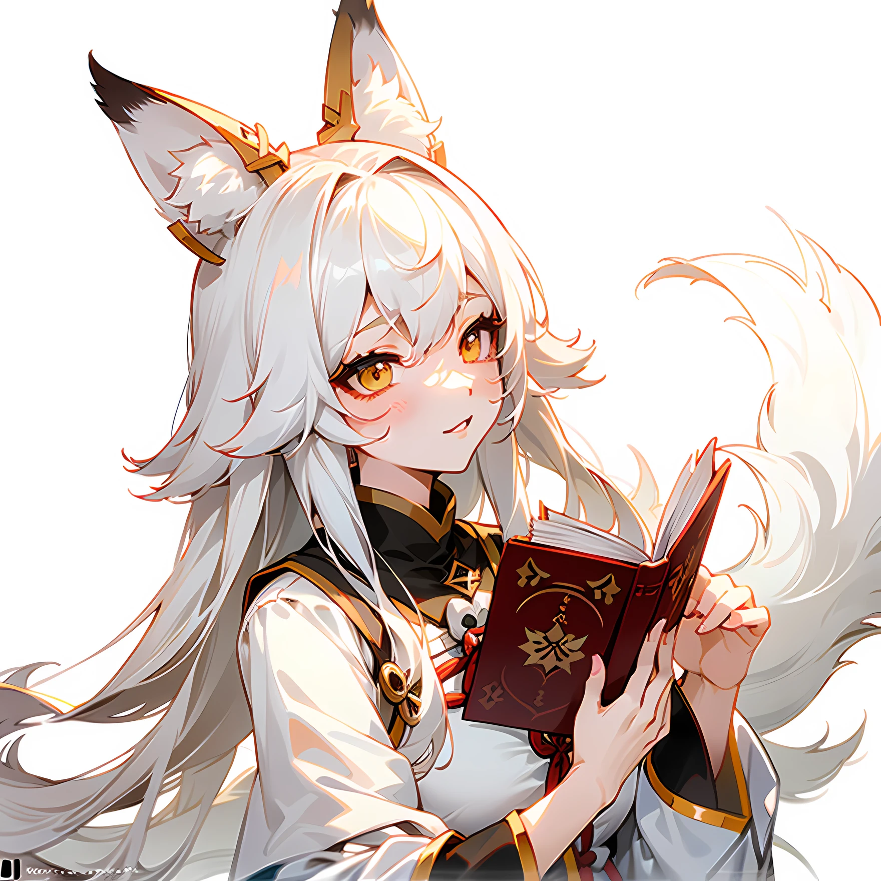 Anime girl with white hair cat ears holding a book, White-haired fox, From Arknights, fox nobushi, beautiful anime catgirl, Genshin impact's character, anime girl with cat ears, Keqing from Genshin Impact, female anime character, white fox anime, Genshin, White fox ears, White Cat Girl, Very beautiful anime cat girl,Dissection is correct,Perfect hands