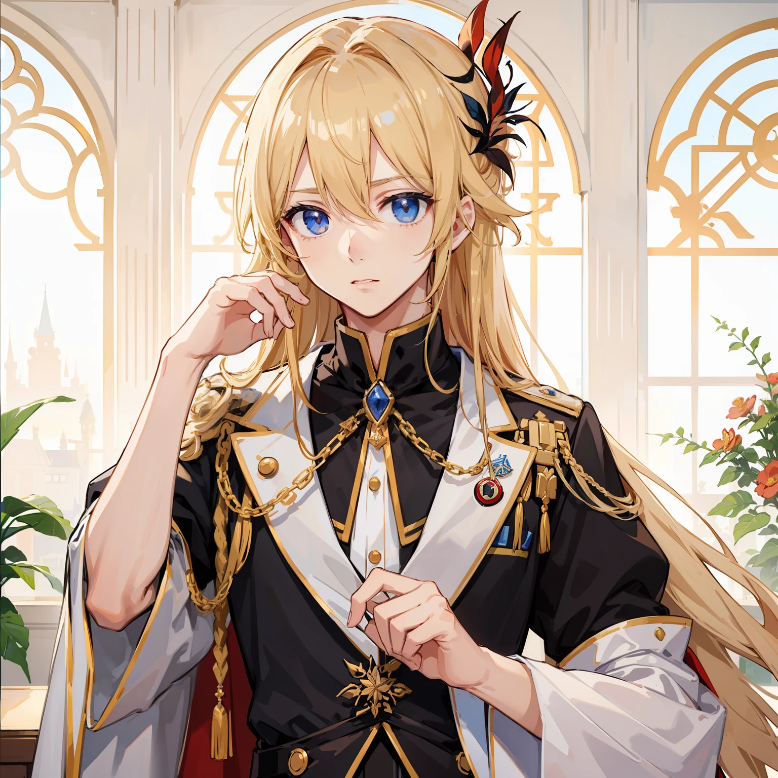 Male child、Royal Uniform、top-quality、Perched、early evening、lycoris、length hair、a blond、blue eyess