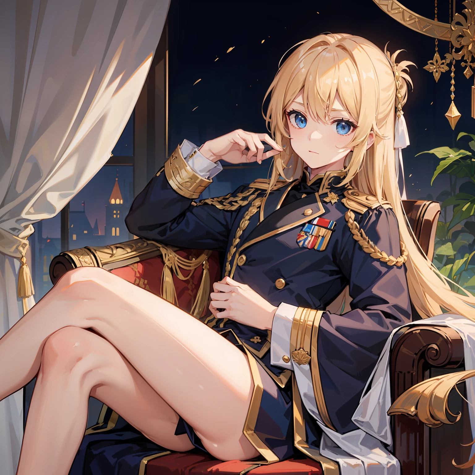 Male child、Royal Uniform、top-quality、Perched、early evening、lycoris、length hair、a blond、blue eyess