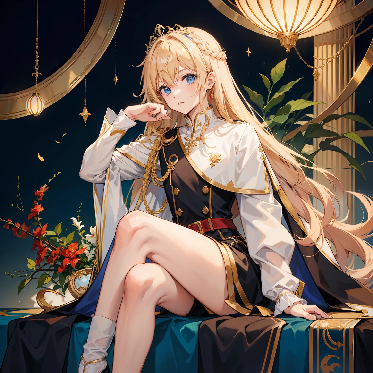 Male 、Royal Uniform、top-quality、Perched、early evening、lycoris、length hair、a blond、blue eyess