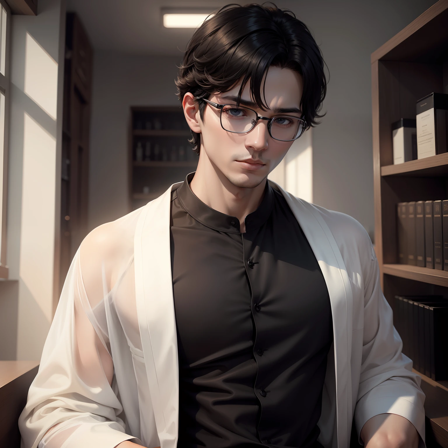 8K masterpiece,Delicate boy wearing glasses,Inner pass black shirt,Wear a white robe,Warm and realistic portrait,Short black hair is calm and calm,Modern Western drug shelf background