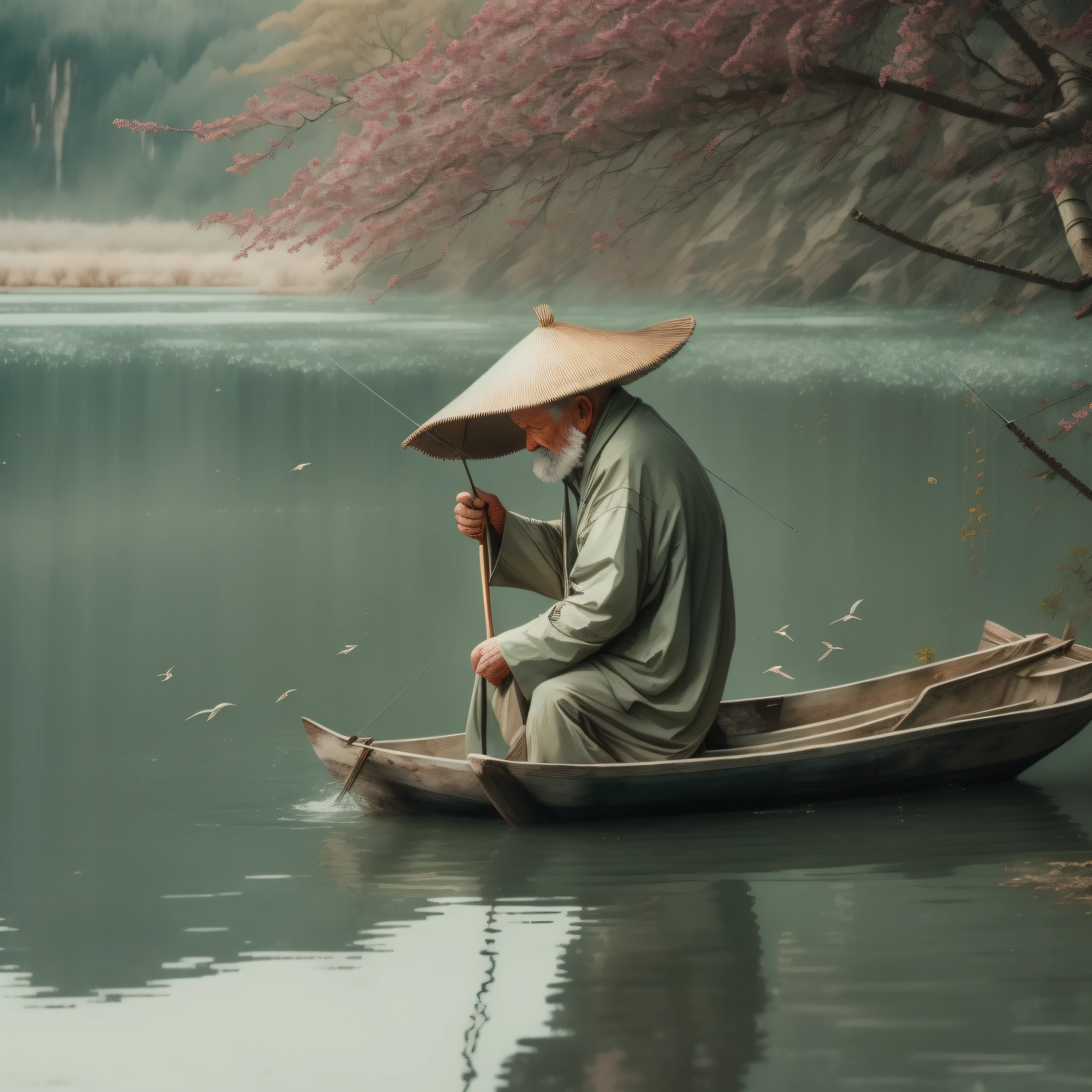 old man，Fishing，small boat，River raincoat，bamboo hat ，Snowy landscapes Lonely，Tranquility ， Depth, The beauty of nature, the meaning of life ,Love the white stone style
