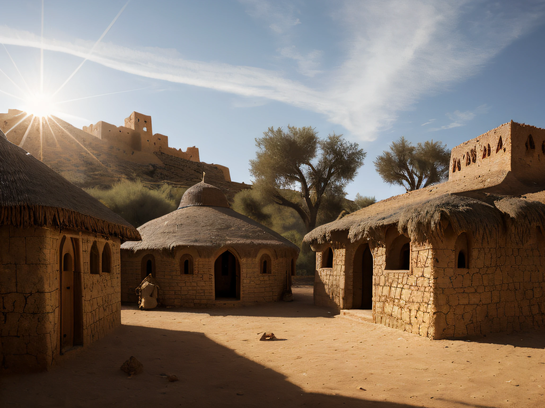 close up depiction of a medieval fantasy north african traditional dwelling hut, humble, exterior, medieval fantasy north african architecture, in a medieval fantasy north african traditional village, (backlighting), realistic, masterpiece, highest quality, lens flare, shade, bloom, [[chromatic aberration]], by Jeremy Lipking, by Antonio J. Manzanedo, digital painting