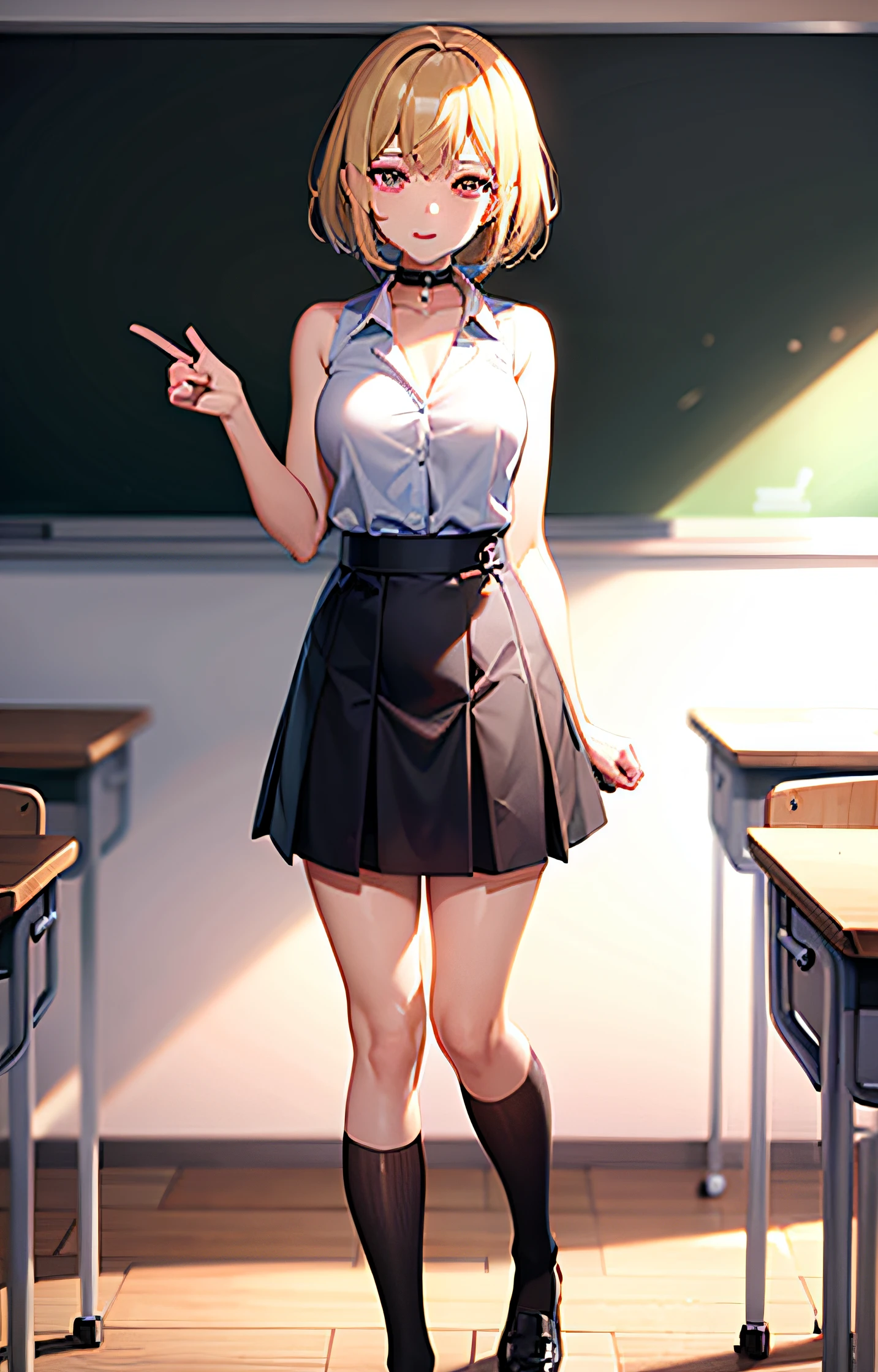 best quality, ultra high res, 1girl, sleeveless white button shirt, black skirt, black choker, cute, (Kpop idol), (aegyo sal:1), (short bob platinum blonde hair:1), ((puffy eyes)), looking at viewer, full body, facing front, classroom_background, sitting_in_chair, backlighting, extremely_detailed_girl, sharp_shadows, (good_shading), lively_classroom