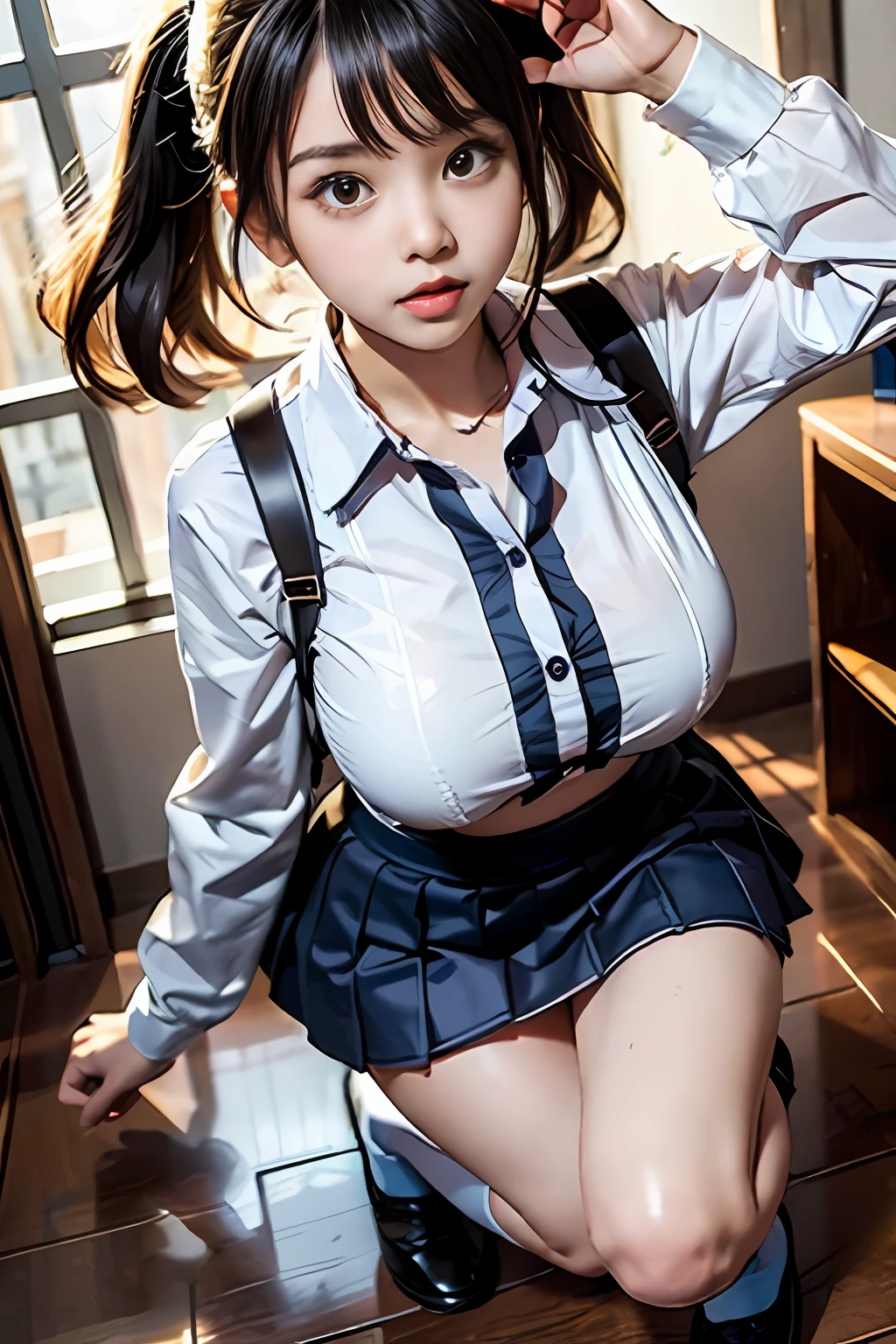 Childish and cute beautiful little loli,, (Z-cup oversized swelling exaggerated breasts), （Cover the breasts），Wearing a Chinese school uniform，Pose with various gestures，The action of lifting the skirt with your hands，Full body photo，full-body portraits