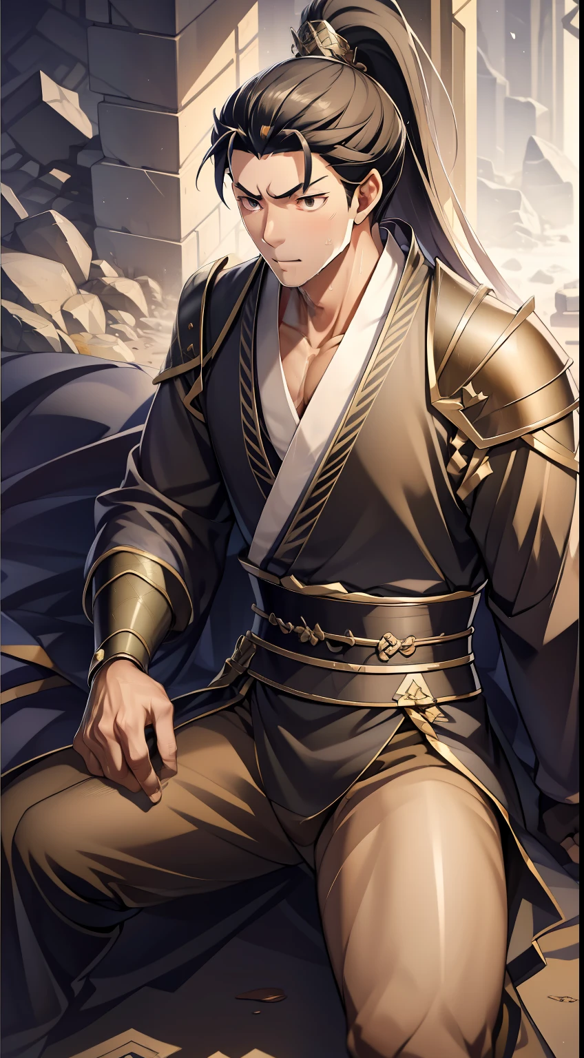 quadratic element,style of anime,mtu(Male Warrior),The proportions are correct,Face details,swordsmen,High ponytail hairstyle,Neck details,There is an Adam's apple,Black Hanfu,kaftan,Embroidered robes,Black robe,clothes details,Handing over,longer sleeves,Game quality,Swordsmanship,Light and shadow tracking,Ray traching,detailed glow,cg render,hair detail,long white hair,Black eyes,Handsome,Handsome,(juvenile sense),Clothing is complicated,Perfectcomposition,Refinement,high qulity,higher details,Lots of details,The background is complex,a sense of atmosphere,