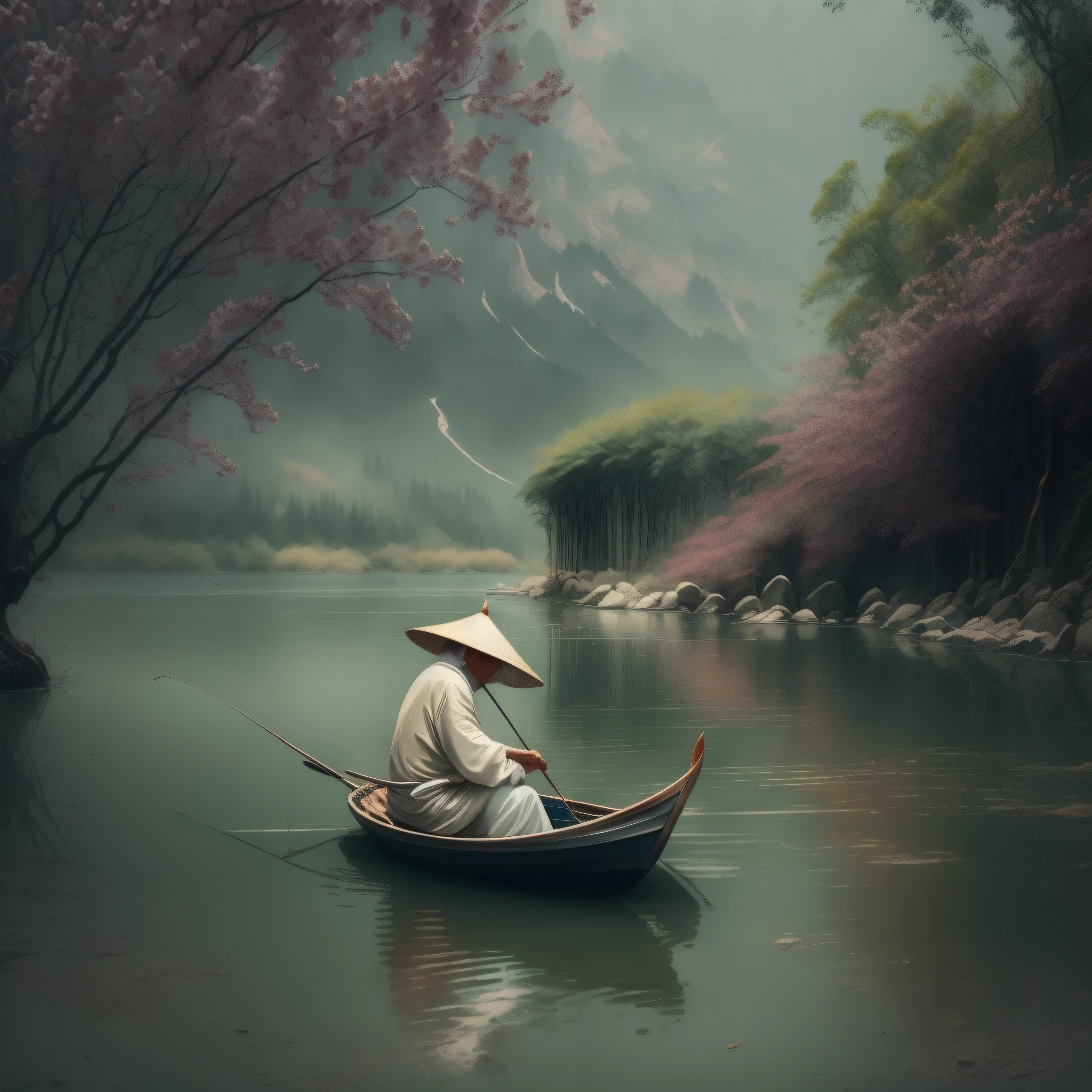 old man，Fishing，small boat，River raincoat，bamboo hat ，Snowy landscapes Lonely，Tranquility ， Depth, The beauty of nature, the meaning of life ,Love the white stone style