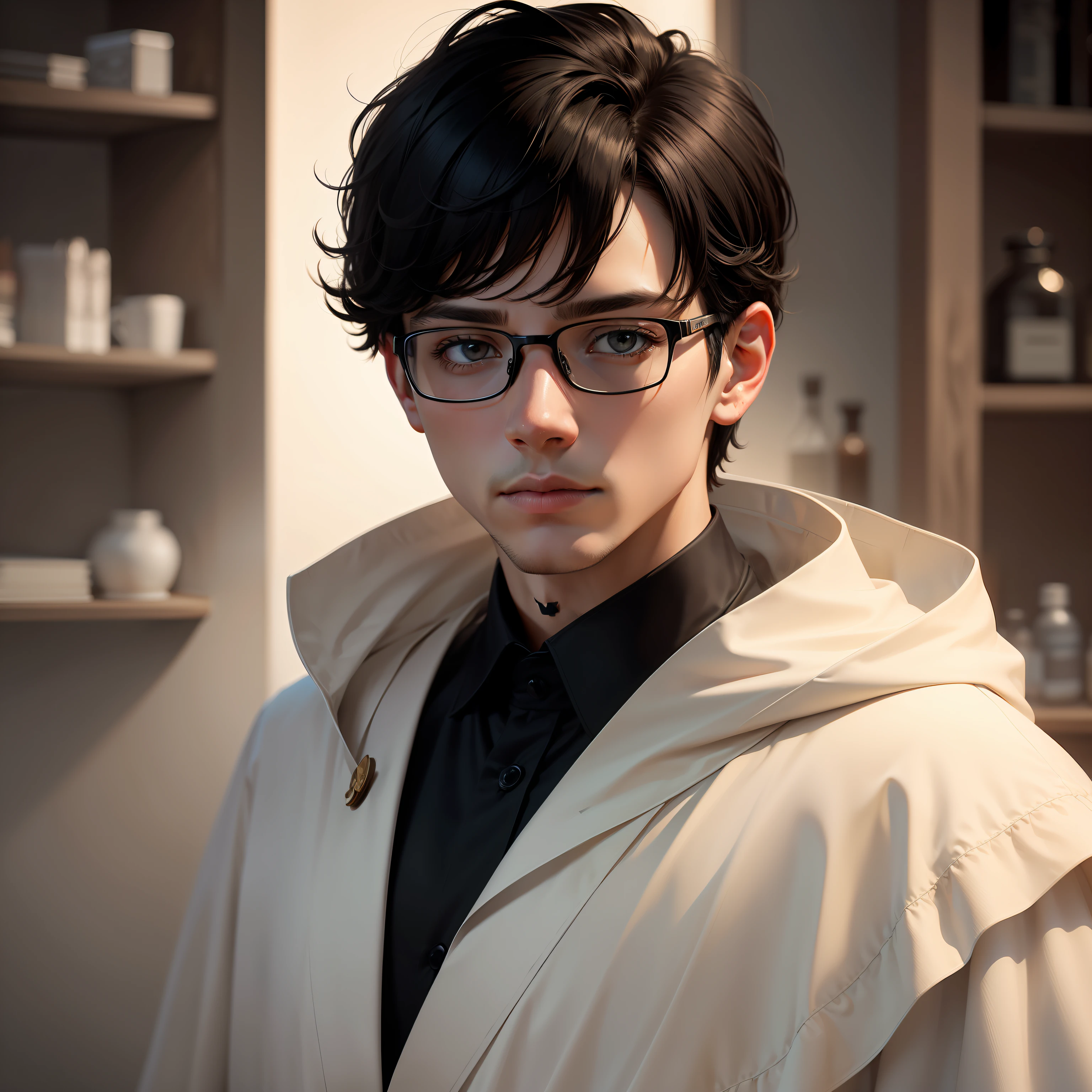 8K masterpiece，Delicate boy wearing glasses，Wear a white robe，Warm and realistic portrait，Short black hair is calm and calm，Modern Western drug shelf background