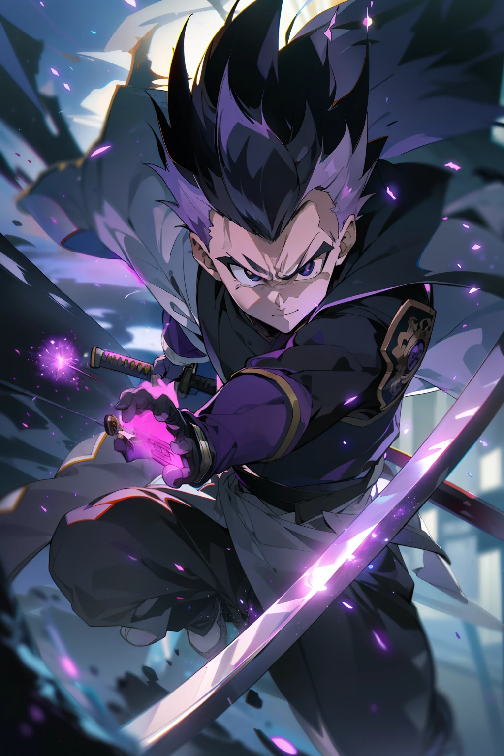 masterpiece, best quality, 1boy, vegeta, Black hair, upper white armor, kimono black clothes, white gloves, white boots, black eyes, spiky hair, hollow mask, (katana:1.4), zanpakutou, smiling,( at night:1.4), night, low light, natural light, fighting pose, damaged clothes, damaged skin, street, japanese street, low light, light rays, aura power, (purple particles:1.4),(floating particles:1.4), doing a power, angry eyes, looking ahead, male focus, muscles, movie composition, deth of field, bokeh, standing, full body