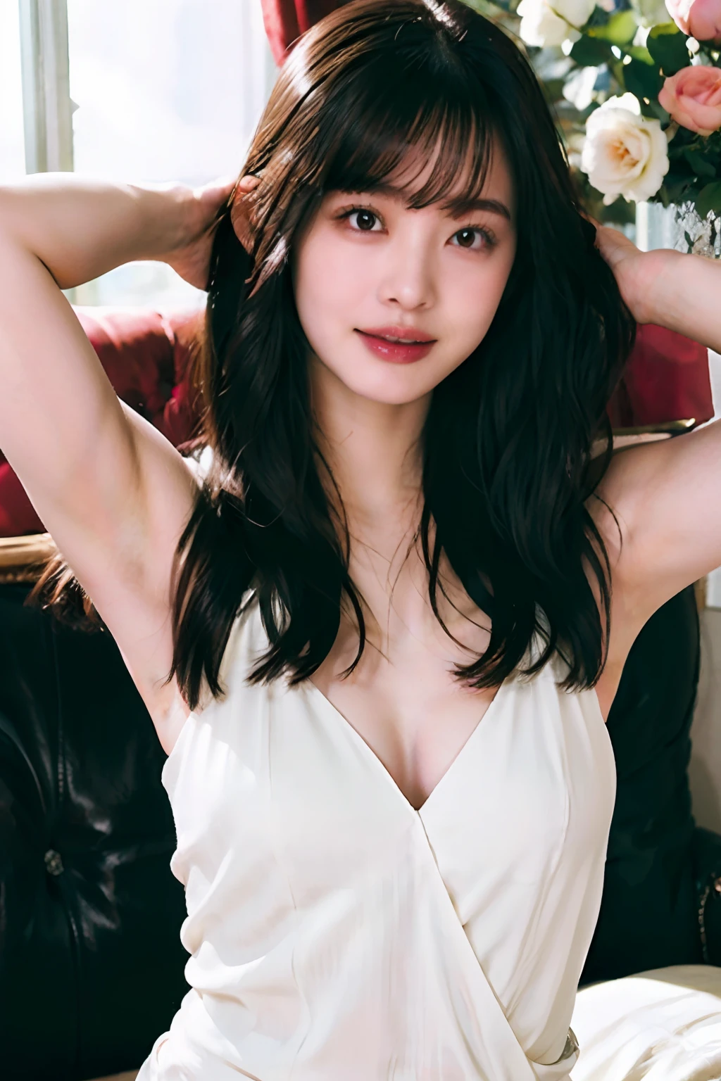 masterpiece、top-quality、realisitic、(A hyper-realistic), (illustratio), (hight resolution), (8K), (ighly detailed), (The best illustrations), (beatiful detailed eyes), (top-quality), (ultra-detailliert), (masterpiece), (wall-paper), (详细的脸), Luxury beds、Upper body close-up,Armpit, A smile,独奏,(tiny white micro bikini), full of sweat, japanes, large full breasts, (camel's toe)、huge-breasted、Luxury living room、Detailed white teeth、ultimate beauty girl、No bra、Wrap a red ribbon around your neck、perfect teeth、(爆乳)、Navel、Light makeup、(park bench)、large filesize、Beautiful armpits、Slender Abs、Beautiful and beautiful armpits、