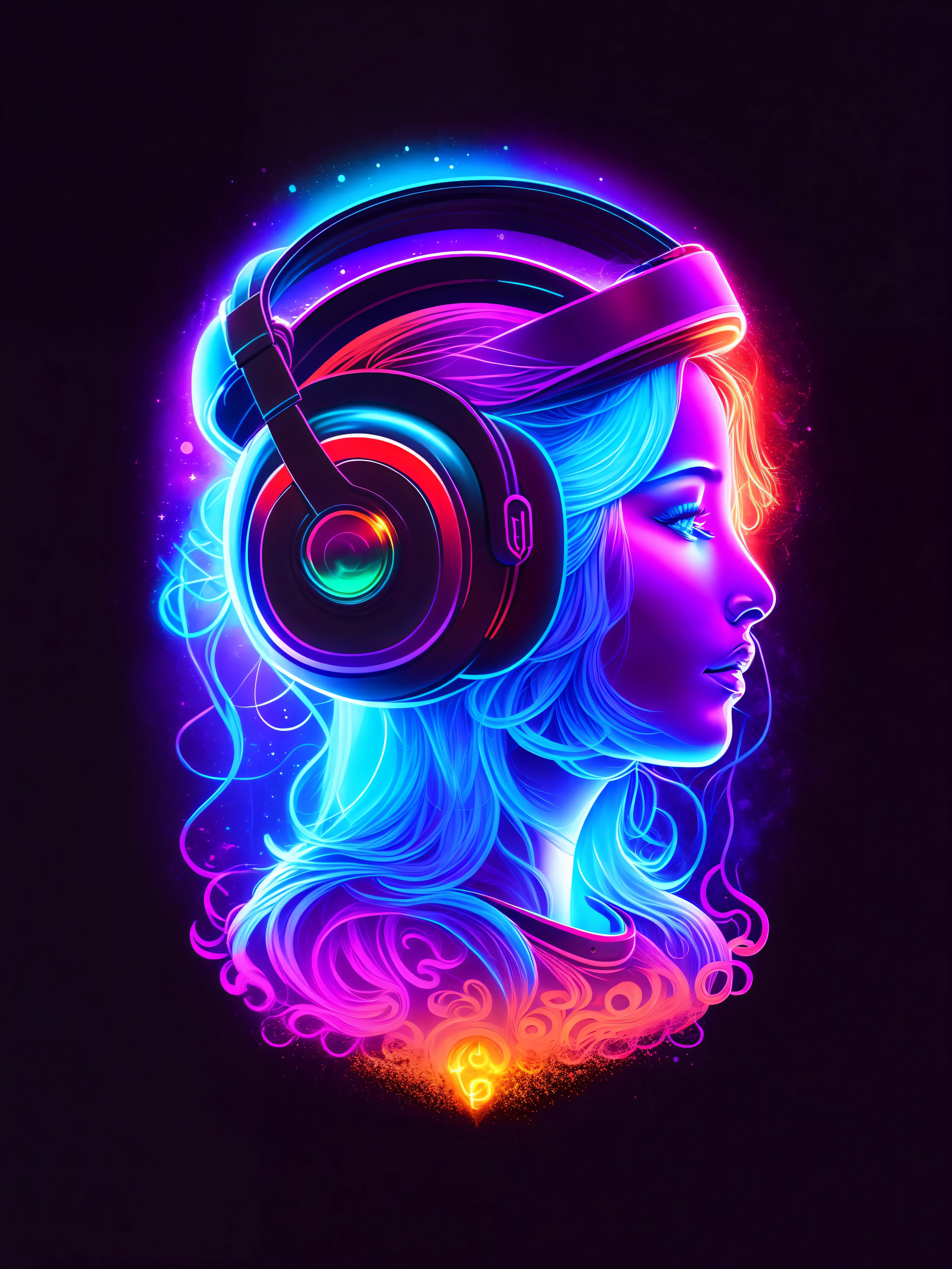 girls head, headset, capuz, cores frias em neon, design de camiseta, rzminjourney, arte vetorial
