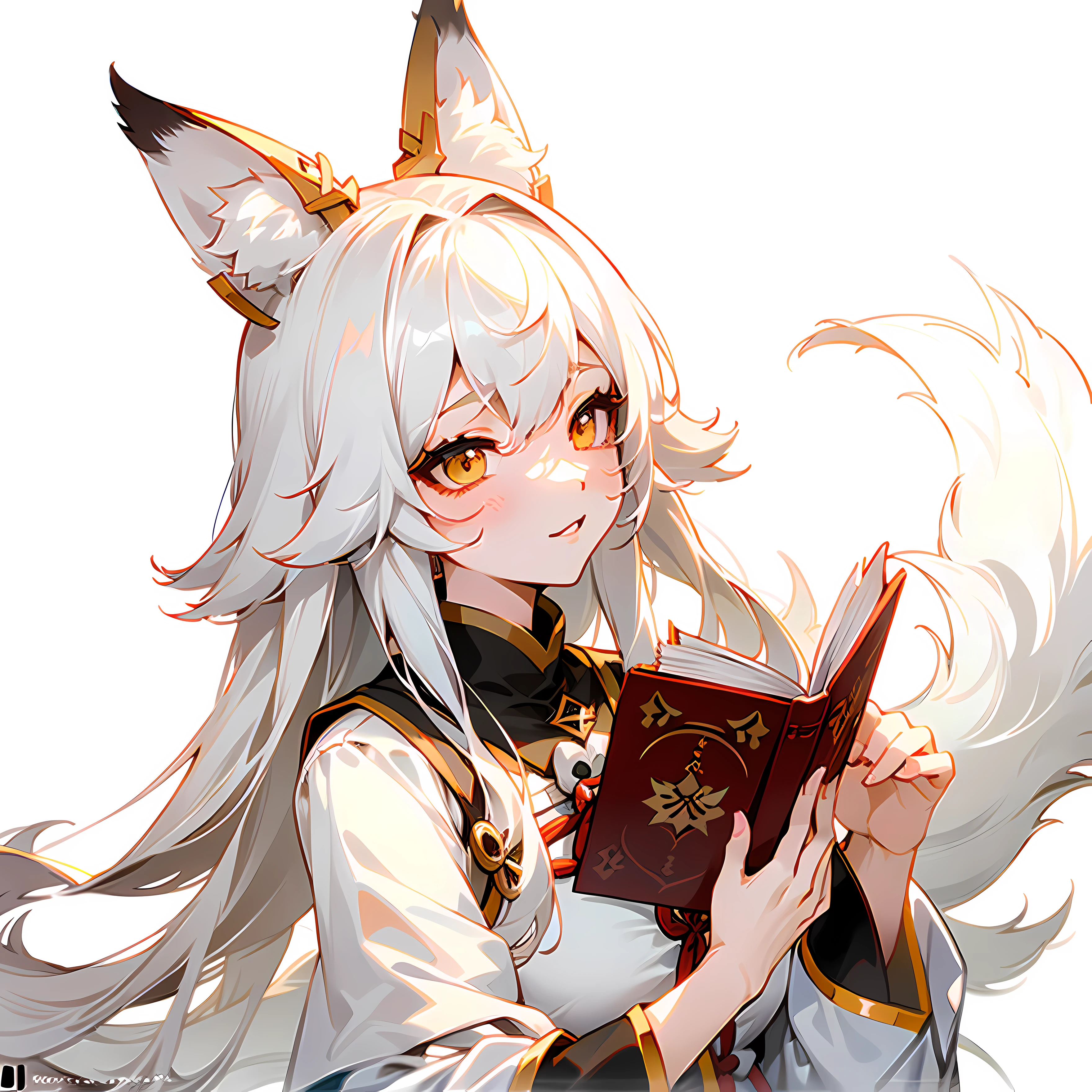 Anime girl with white hair cat ears holding a book, White-haired fox, From Arknights, fox nobushi, beautiful anime catgirl, Genshin impact's character, anime girl with cat ears, Keqing from Genshin Impact, female anime character, white fox anime, Genshin, White fox ears, White Cat Girl, Very beautiful anime cat girl，Dissection is correct，Perfect hands