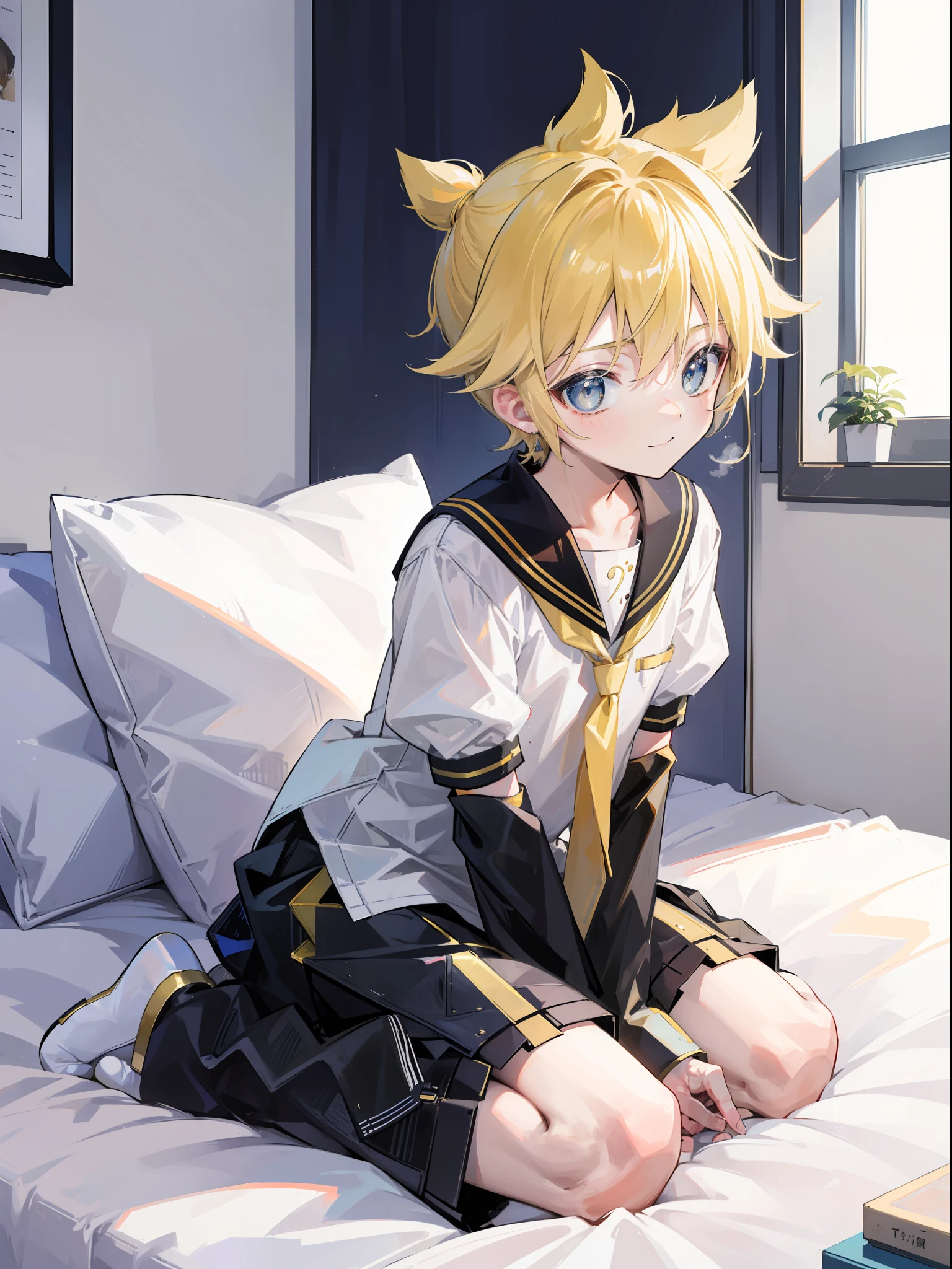 best quality, ultra precision, (one boy), (Len_Kagamine), blond hair, cowlick, bedroom, character focus, black short pants, sailor uniform, innocent, slender, blush, cute, cool, smile a little, happy, handsome, he loves you, teenager, high school student, male model, attractive boy, sitting, (sit in a kneeling position), on bed, (put hands between crotch)