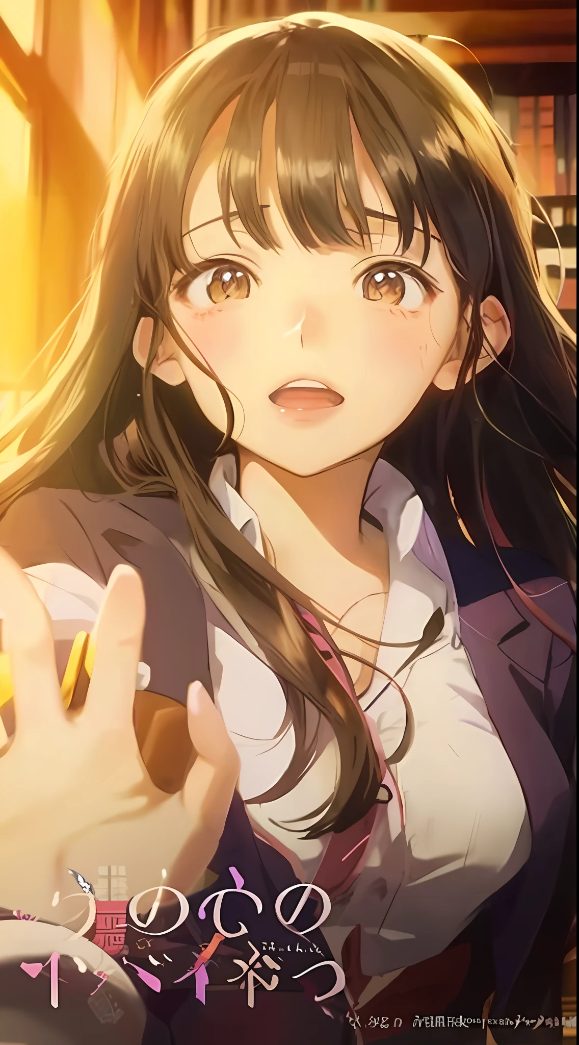 Anime girl with long hair and brown eyes in the library, Anime visuals of cute girls, nagatoro, hanayamata, anime moe art style, Anime Best Girl, Hinata Hyuga, Official art, kawacy, anime visual of a young woman, official artwork, marin kitagawa fanart, ( ( ( yoshinari yoh ) ) )