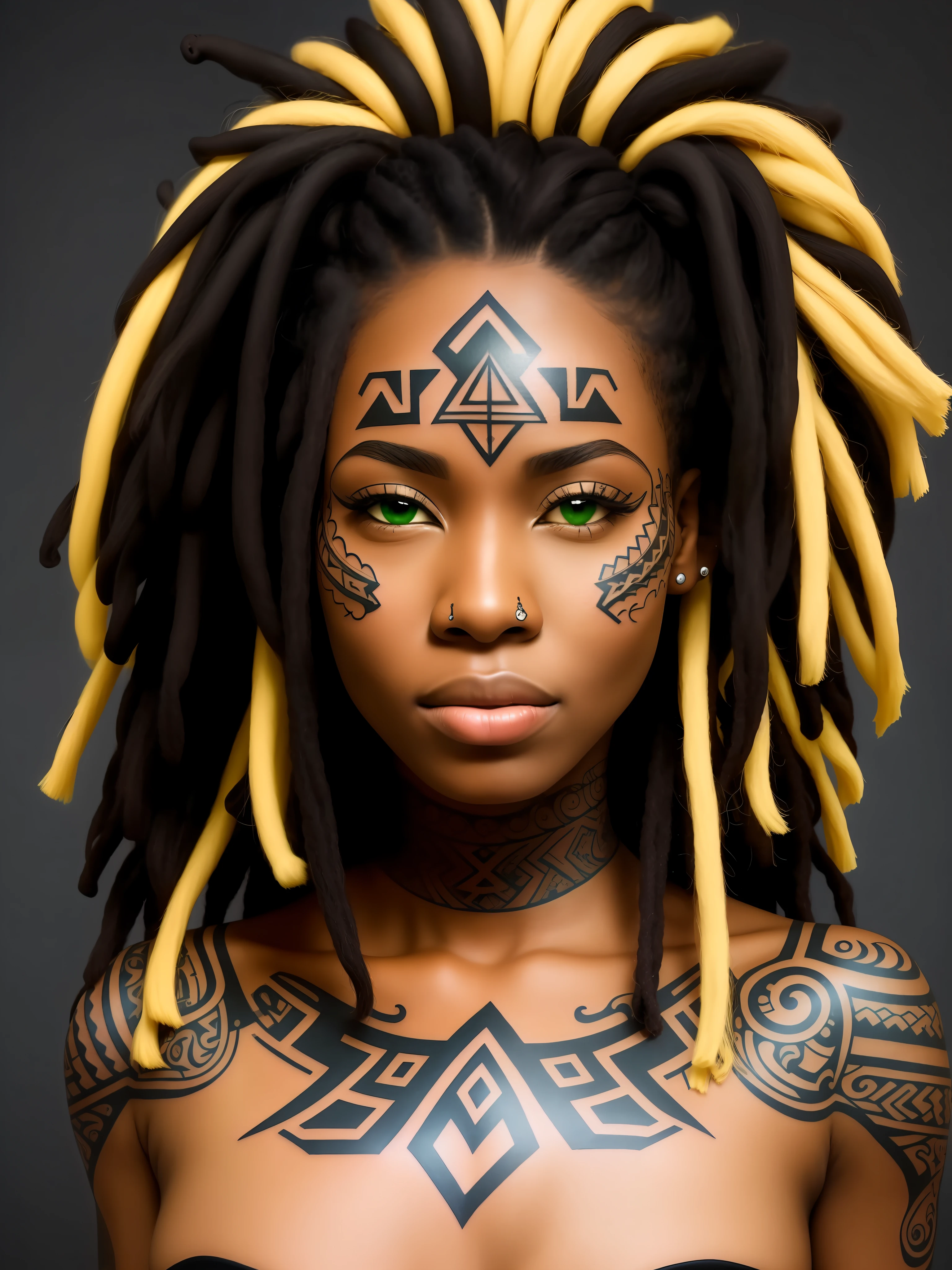 African tribal tattoo face black woman dreads, black and green Collor