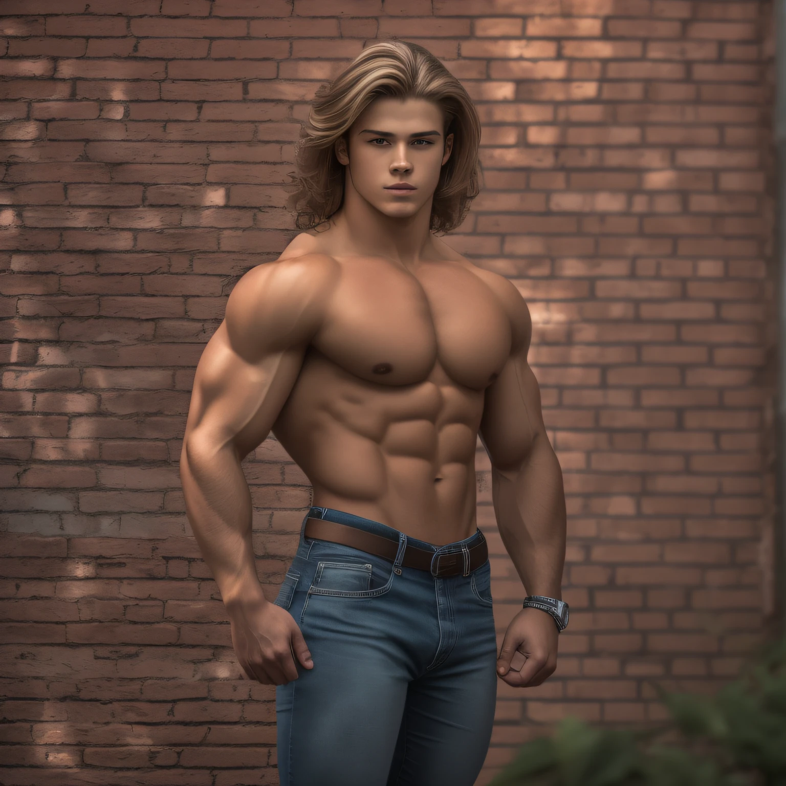Swoll, super buff and cool 18-year-old boy bodybuilder, embodying the perfect fusion of Joey Lawrence and Cody Calafiore with long hair, pecs swelling with arrogance, exuding masculinity and strength, Enhanced with HDR technology, this image depicts a true masterpiece, 4K resolution, photo by JM Mannion, outdoor lighting, real shadows and reflections
