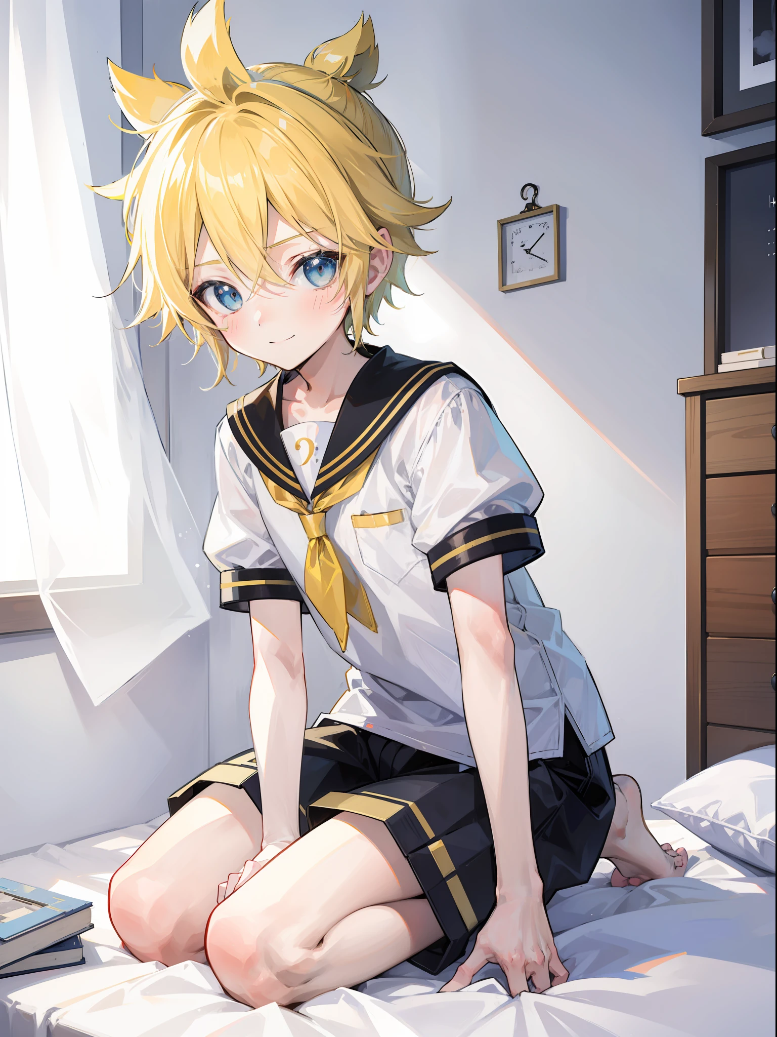 best quality, ultra precision, (one boy), (Len_Kagamine), blond hair, cowlick, bedroom, character focus, black short pants, sailor uniform, innocent, slender, blush, cute, cool, smile a little, happy, handsome, he loves you, teenager, high school student, male model, attractive boy, sitting, (sit in a kneeling position), on bed, (put hands between crotch)