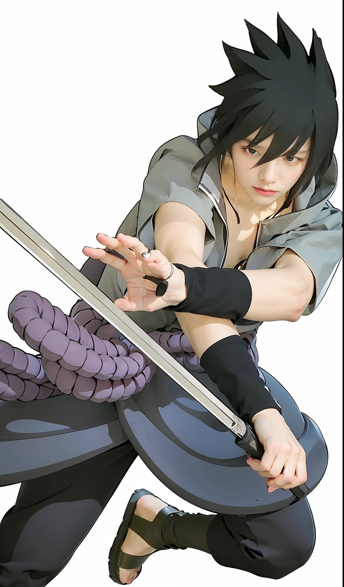 "Detailed, high quality, masterpiece portrait of Sasuke with his Sharingan activated. Solo shot, close-up, showcasing intricate hair details. Ultra-realistic in 8K resolution with stunning lightning effects."
