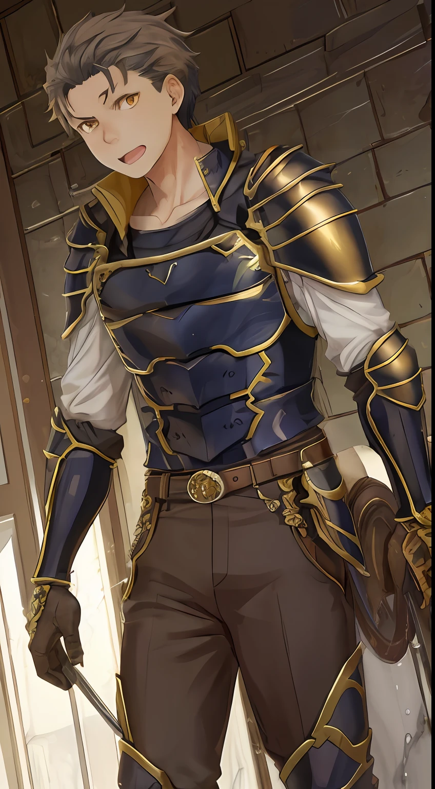（1 adult male），A high resolution， Sharp focus， Pixiv masterpiece， （（Complicated details））， highly  detailed， natsuki_subaru， 1 man， with her mouth open，drools，full bodyesbian， Golden eyes（eyes glowing）， blond hairbl，Armour，Shoulder armor，cloaks，Drenched，soaking wet，perspire，look from down