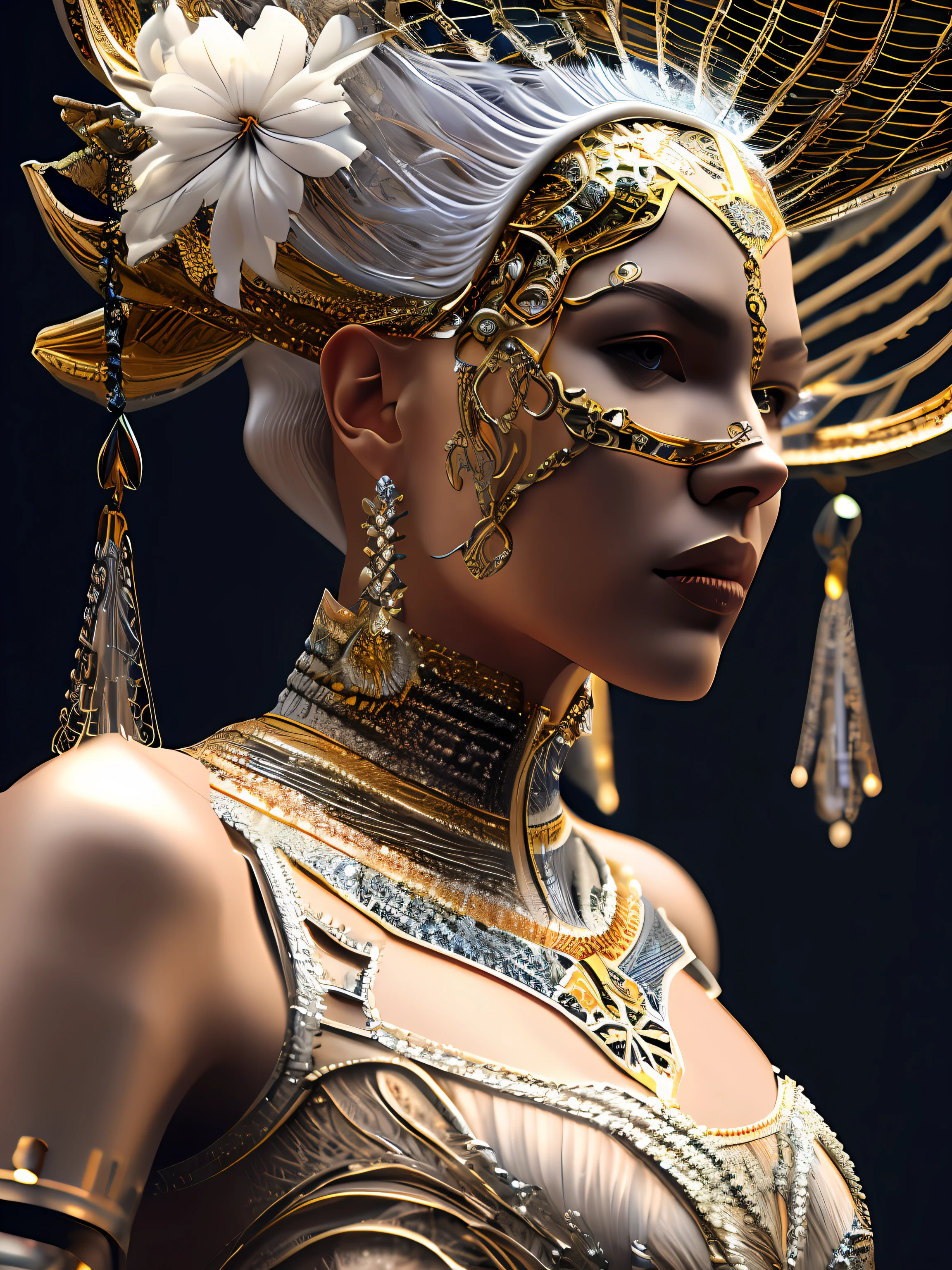 Complex 3 d render of a beautiful fascinating biomechanical female cyborg with a porcelain face, analog, beautiful natural light, rim light, 1 5 0 mm lens, aztec warrior, feathers, piercing, aztec tattoos, white blossoms, vanilla leaves and stems, sinuous roots, white blossoms, fine foliage lace, steampunk, silver gold filigree details, alexander mcqueen high fashion haute couture, pearl earring, art nouveau fashion embroidered, hexagonal mesh wire, mandelbrot fractal, facial muscles, cable wires, microchip, elegant, beautiful natural light, studio lights, rim light, highly detailed, hyperrealistic, sharp, octane render, h. r. giger style, volumetric lighting, 8 k post production