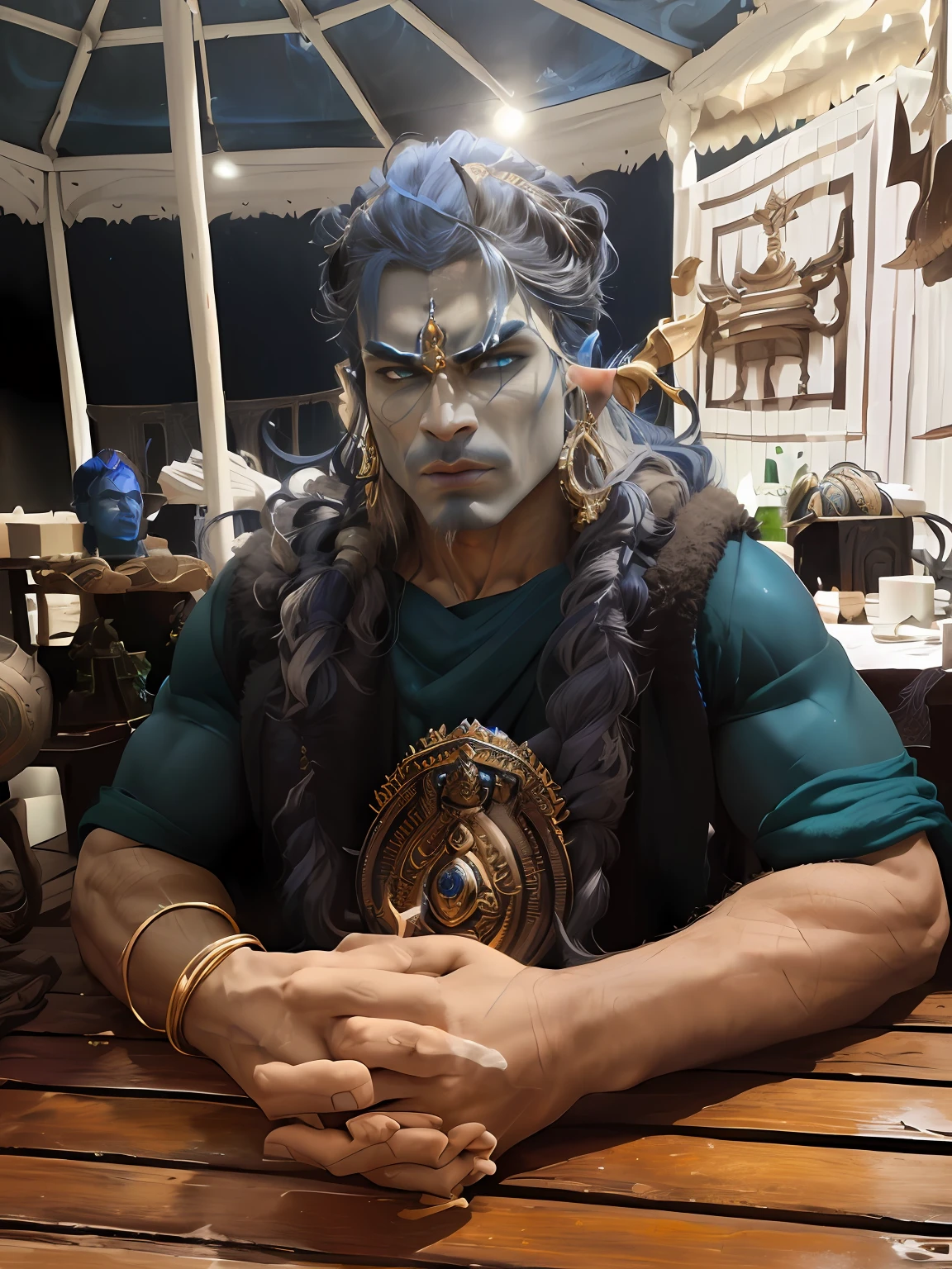 "Detailed and realistic depiction of Shiva, the lord of destruction in ancient Indian mythology. Emphasize blue skin tone and the deity's divine and commanding presence. Very masculine physical structure. Muscular body. Angry gaze"