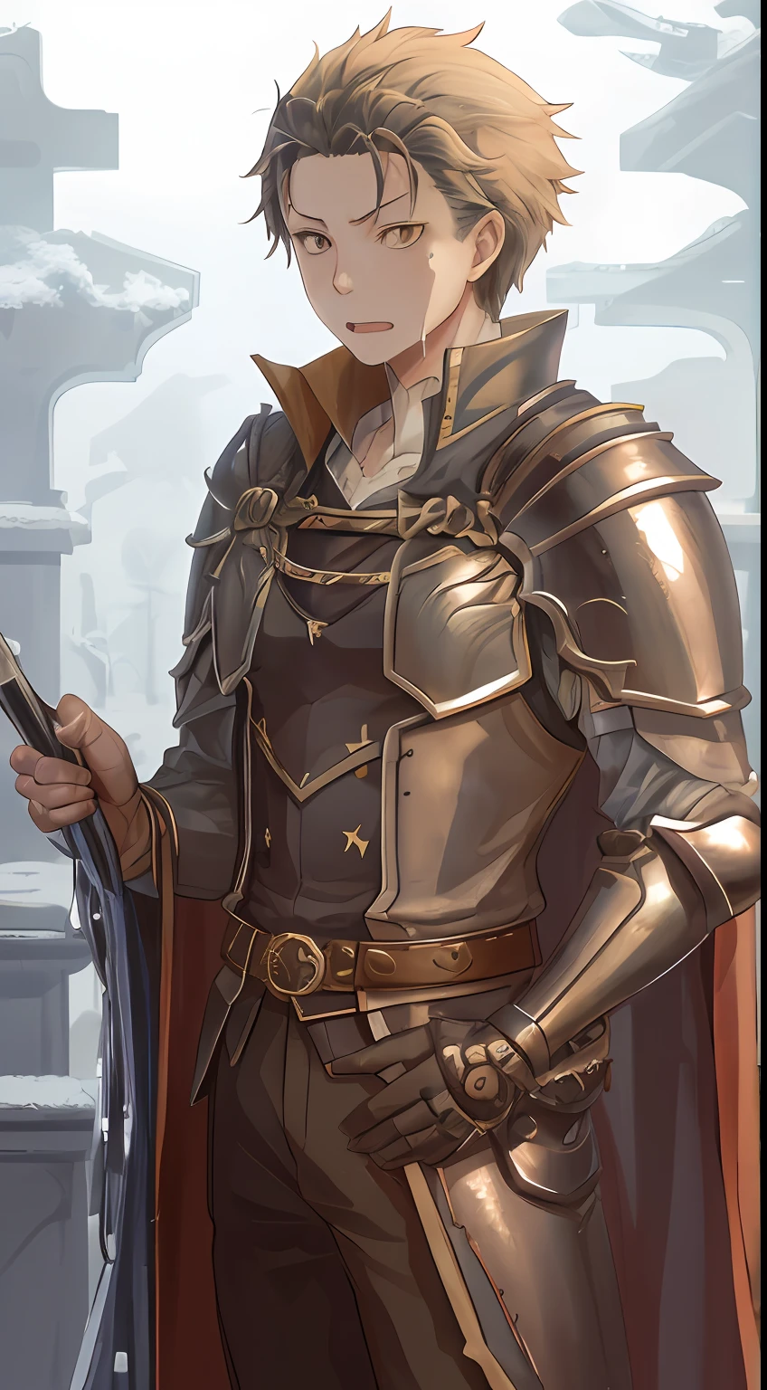 （1 adult male），A high resolution， Sharp focus， Pixiv masterpiece， （（Complicated details））， highly  detailed， natsuki_subaru， 1 man， with her mouth open，drools，full bodyesbian， Golden eyes（eyes glowing）， blond hairbl，Armour，Shoulder armor，cloaks，Drenched，soaking wet，perspire，look from down