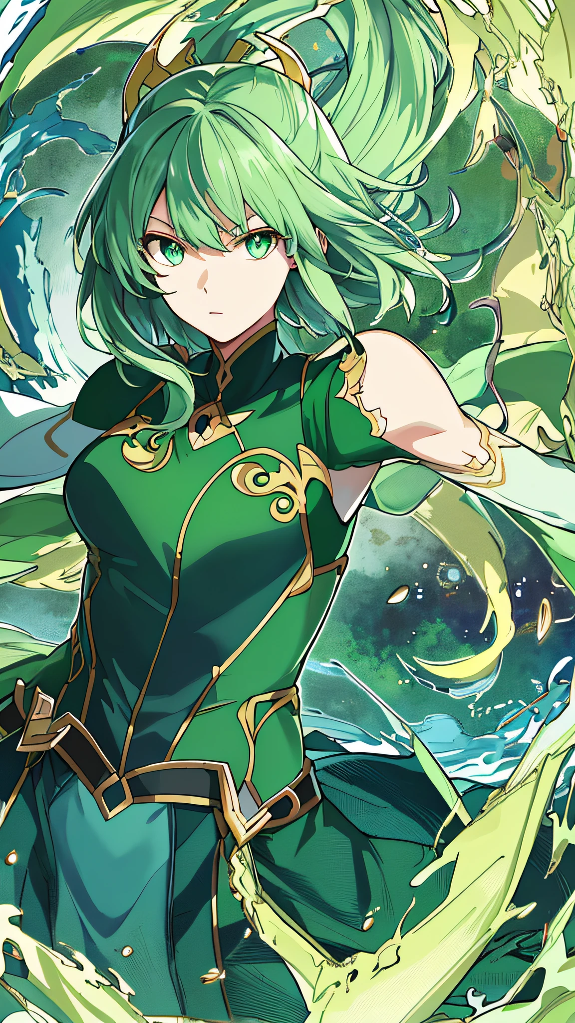 dragon girl,Dragon-shaped arms,(((Masterpiece))),(((best qualtiy))),((Ultra-detailed)),(illustration),((anextremelydelicateandbeautiful)),dynamic angle,Floating,(beatiful detailed eyes),(detailedlight) (1girll), Solo, Floating_Hair,glowing light eyes,Green hair,green-eyed, double tails, halterdress, atdan, Green background,