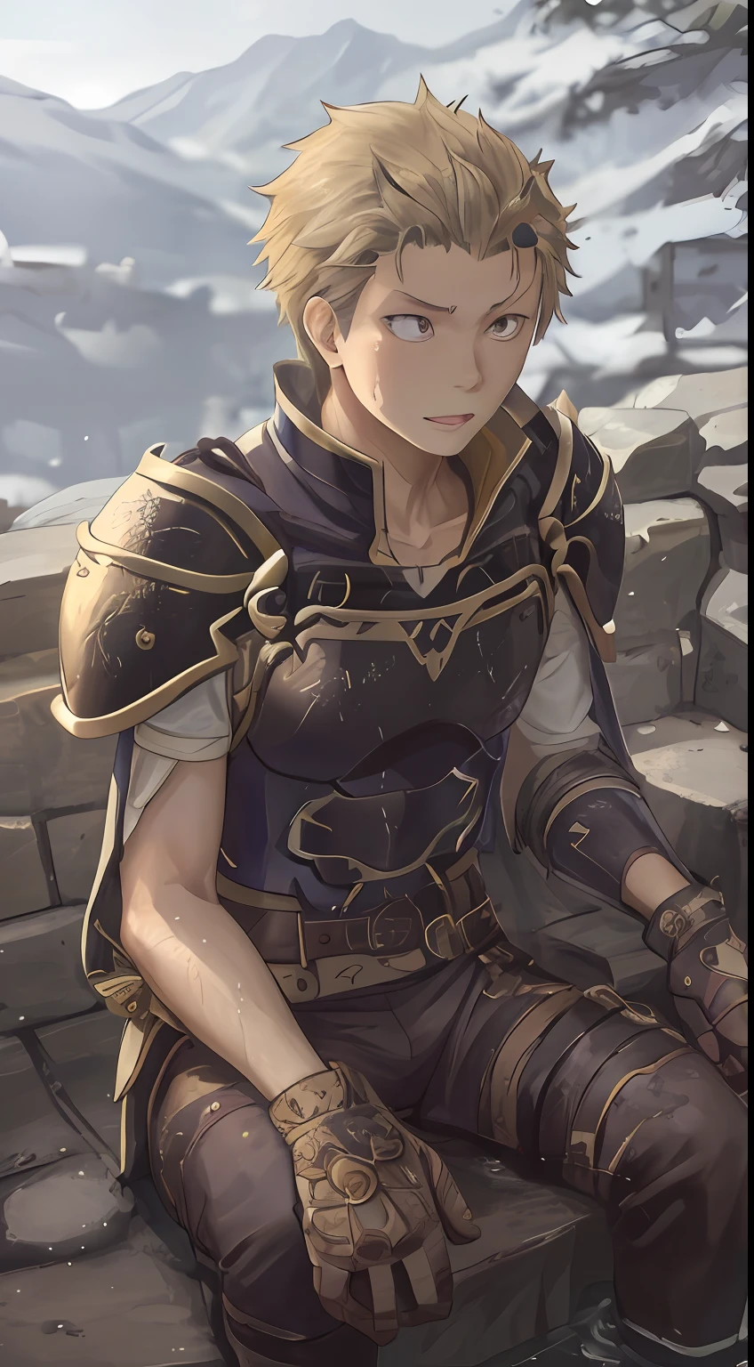 （1 adult male），A high resolution， Sharp focus， Pixiv masterpiece， （（Complicated details））， highly  detailed， natsuki_subaru， 1 man， with her mouth open，drools，full bodyesbian， Golden eyes（eyes glowing）， blond hairbl，Armour，Shoulder armor，cloaks，Drenched，soaking wet，perspire，look from down