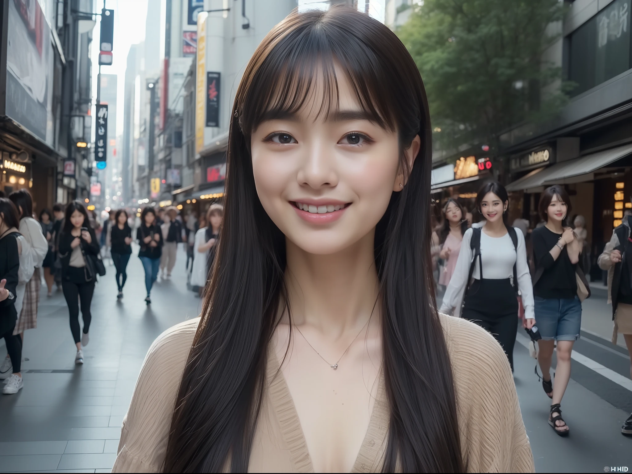 (top-quality、8k、32k、​masterpiece、UHD:1.3)、Attractive Japanese Woman Pictures、Shopping、hyperdetailed face、detailed lips、The background is Shibuya, light smile, black hair, Canon