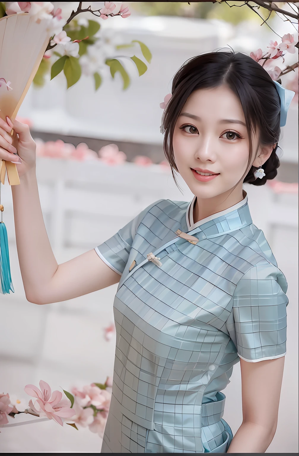 Normal hands,A beautiful 20-year-old girl,Wearing a cyan cheongsam,Fan in hand,Delicate face,attractive smile,watery big eyes,Long eyelashes,Crooked eyebrows,lips in red,Several trees blooming with flowers in the background,Works of masters,4K Ultra Clear,Normal hands,Bust photo