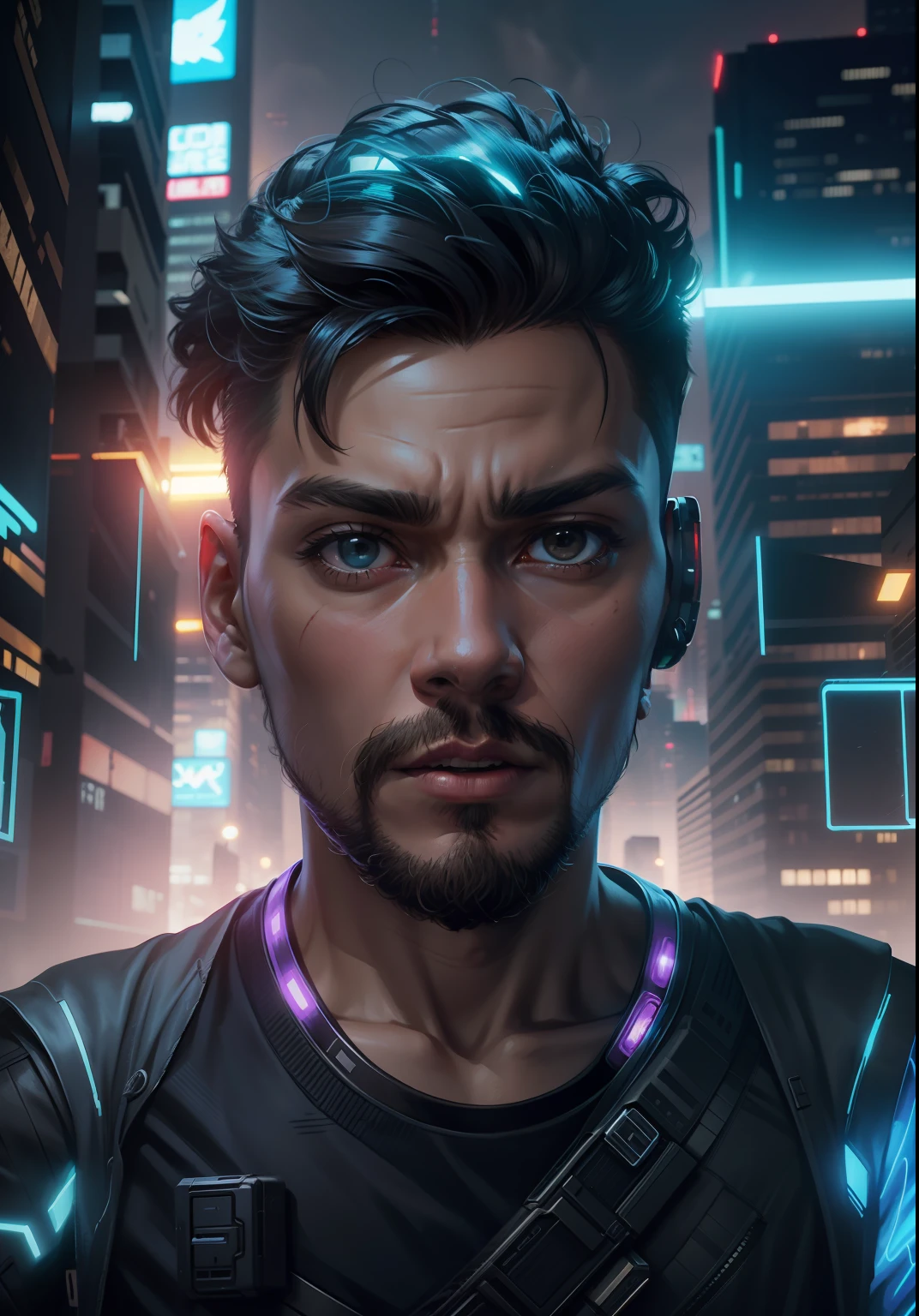 Cyberpunk City background ,8k ultra , detailed ,boy wearing ninja dress with face of my photo ,