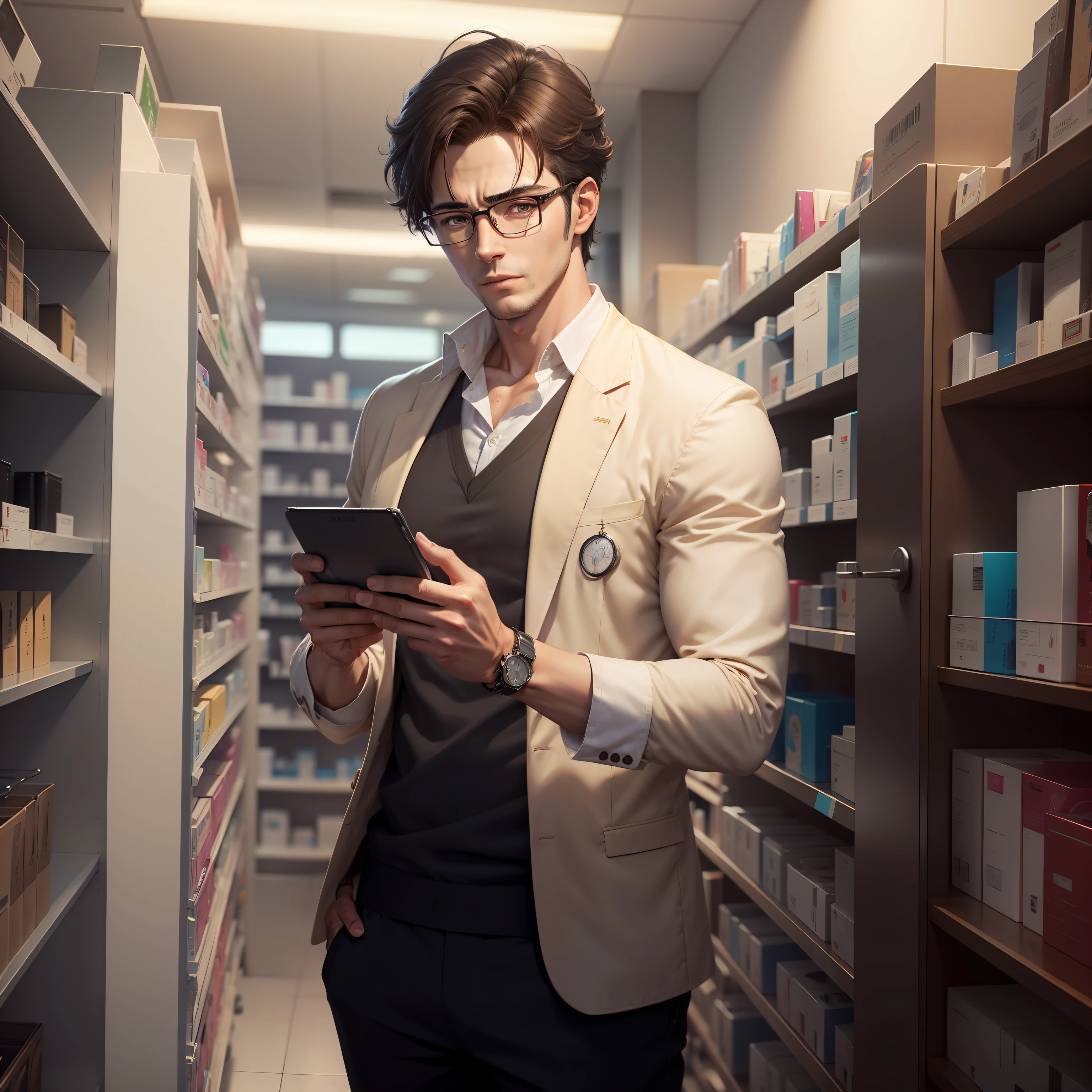 There was a man with glasses standing in the pharmacy, Rendu portrait 8k, Anime portrait of a handsome man，3 d anime realistic, Smooth anime CG art, cinematic realistic portrait, hyper realistic anime, highly detailed character, anime realism style