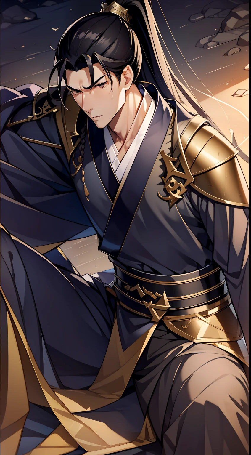 quadratic element,style of anime,mtu(Male Warrior),The proportions are correct,Face details,swordsmen,High ponytail hairstyle,Neck details,There is an Adam's apple,Black Hanfu,kaftan,Embroidered robes,Black robe,clothes details,Handing over,longer sleeves,Game quality,Swordsmanship,Light and shadow tracking,Ray traching,detailed glow,cg render,hair detail,long white hair,Black eyes,Handsome,Handsome,(juvenile sense),Clothing is complicated,Perfectcomposition,Refinement,high qulity,higher details,Lots of details,The background is complex,a sense of atmosphere,