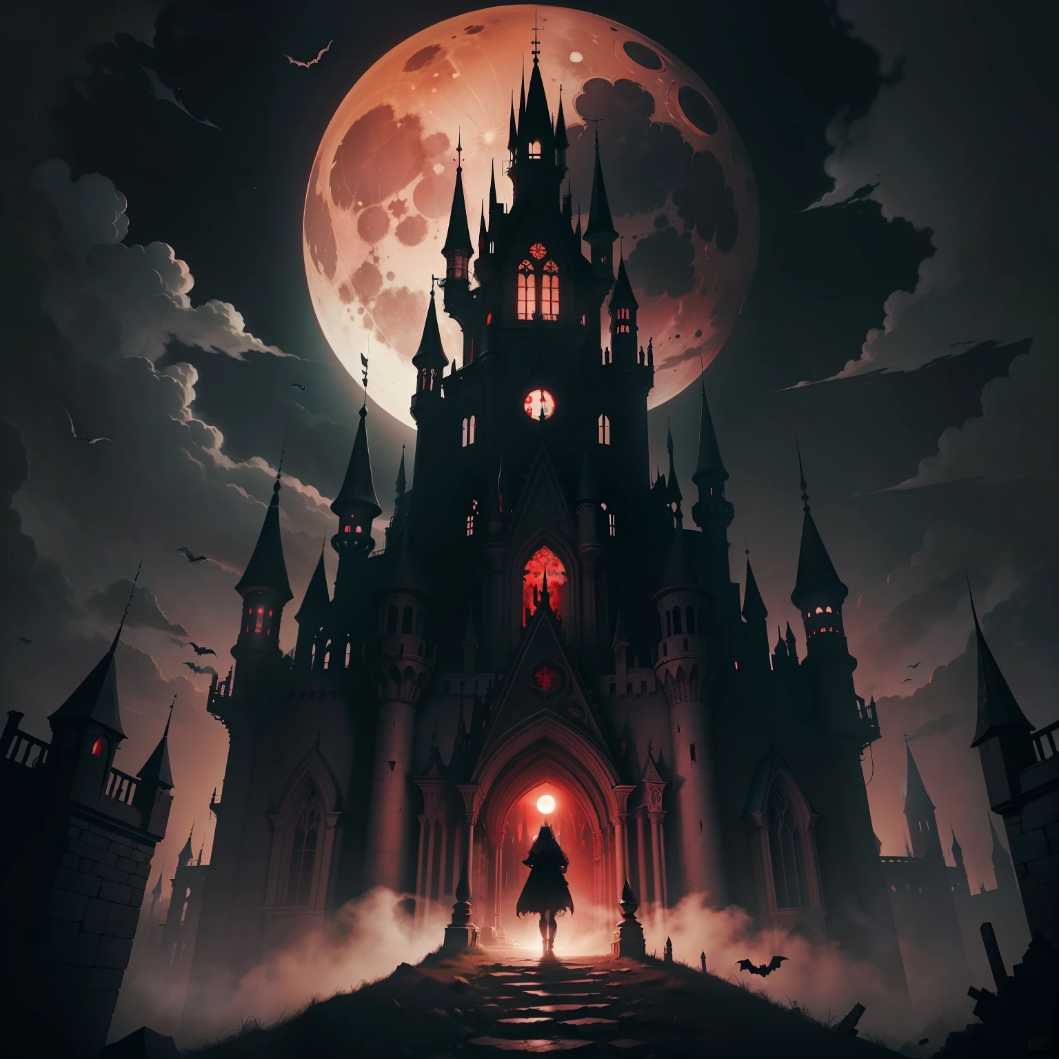 themoon，Black night，Fortress of fantasy，borgar，Artistically，the bats，Subtle composition，Art and beauty，Castle，Broken，Blood-red eyes in the dark，Red moon，Demons in the sky