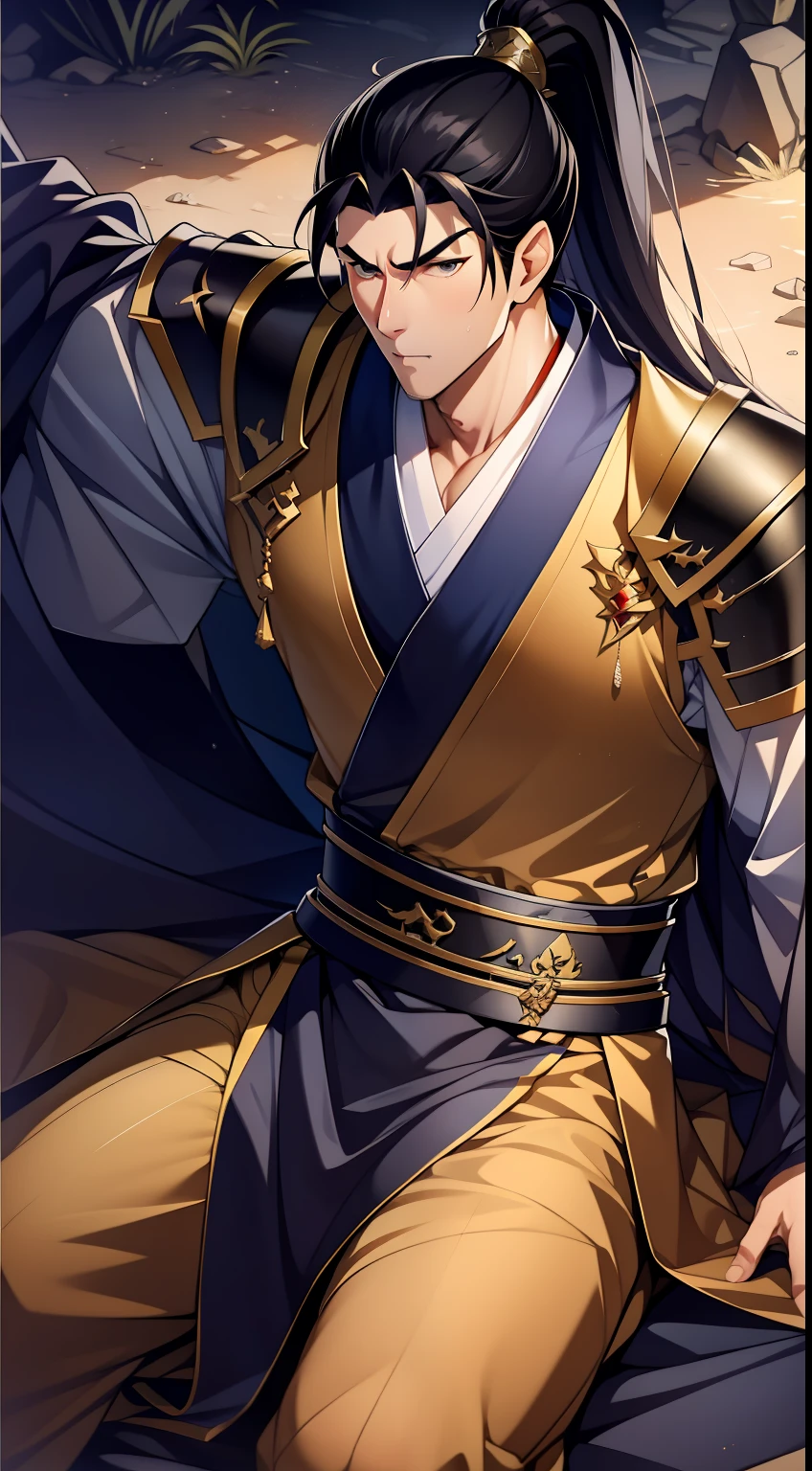 quadratic element，style of anime，mtu（Male Warrior），The proportions are correct，Face details，swordsmen，High ponytail hairstyle，Neck details，There is an Adam's apple，Black Hanfu，kaftan，Embroidered robes，Black robe，clothes details，Handing over，longer sleeves，Game quality，Swordsmanship，Light and shadow tracking，Ray traching，detailed glow，cg render，hair detail，long  white hair，Black eyes，Handsome，Handsome，（juvenile sense），Clothing is complicated，Perfectcomposition，Refinement，high qulity，higher details，Lots of details，The background is complex，a sense of atmosphere，