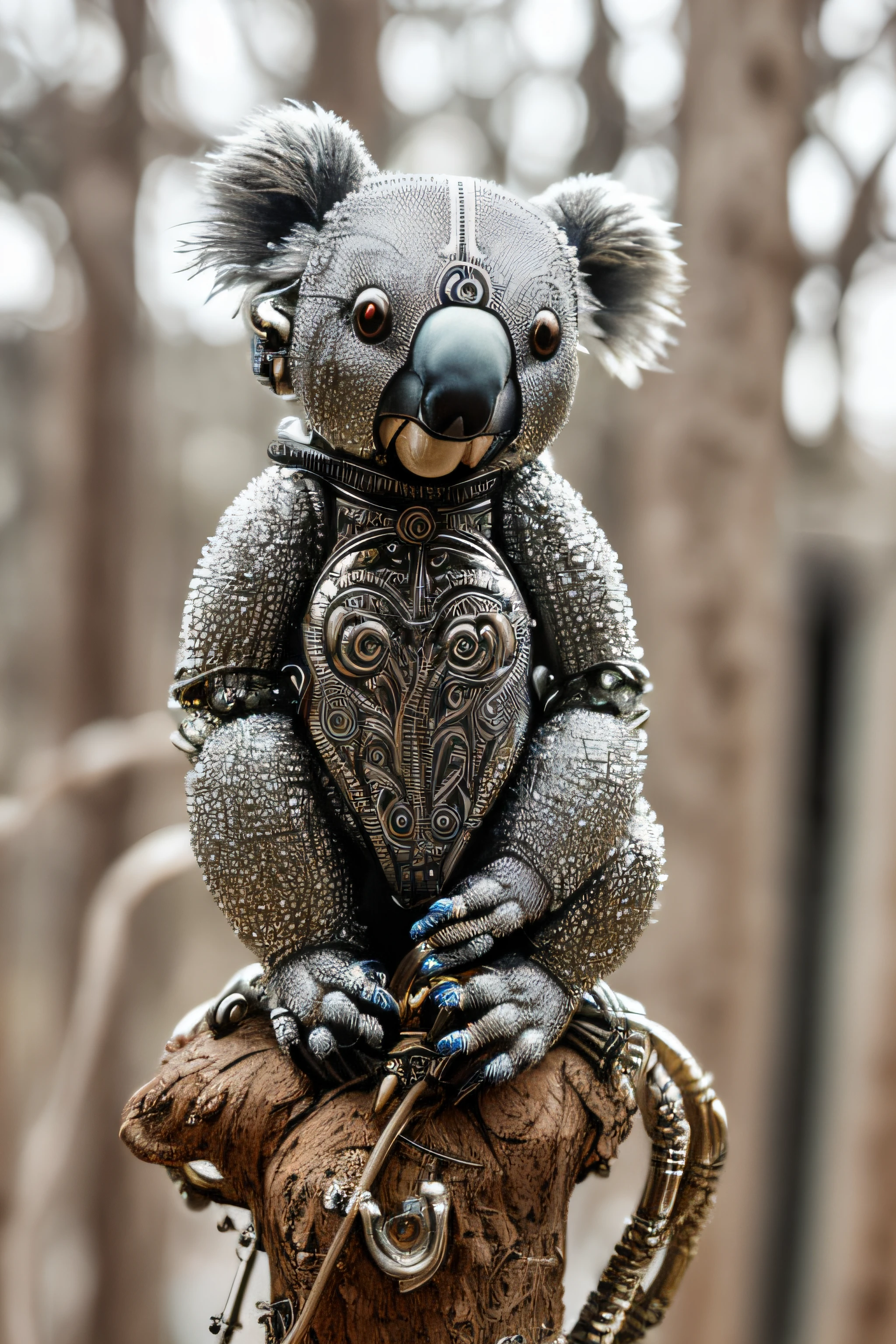 a cute koala made out of metal, (cyborg:1.1), ([tail | detailed wire]:1.3), (intricate details), hdr, (intricate details, hyperdetailed:1.2), cinematic shot, vignette, centered