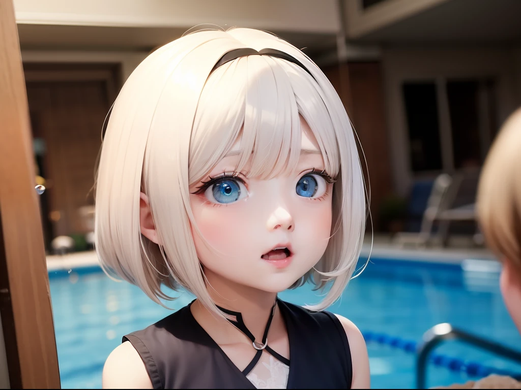 Best quality, tmasterpiece, Sweet cool 2 year old girl, Short white hair, eBlue eyes, The expression is scared, Behind the scenes, the pool
