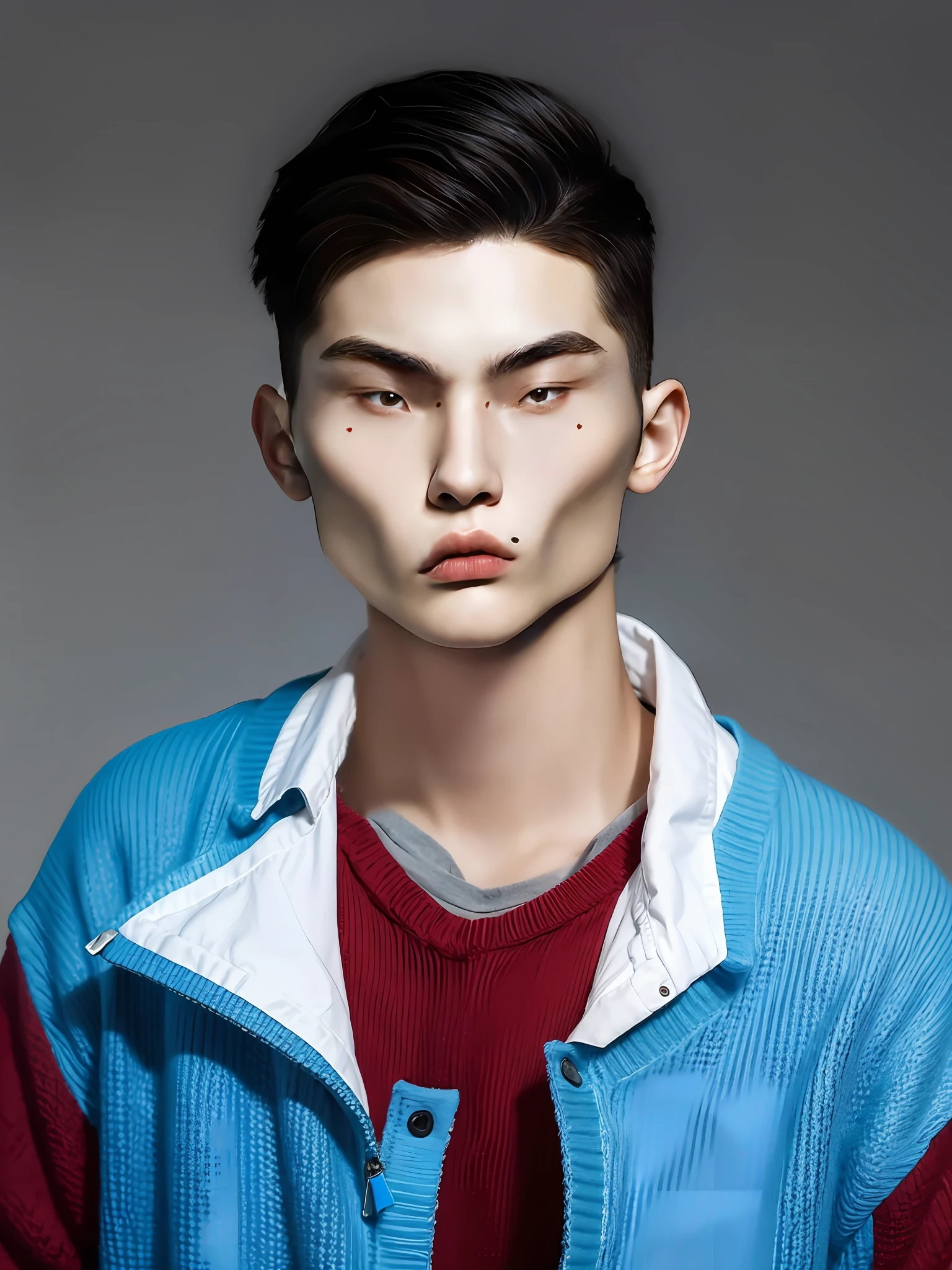 A Chinese male high school student。Wear a blue sweater