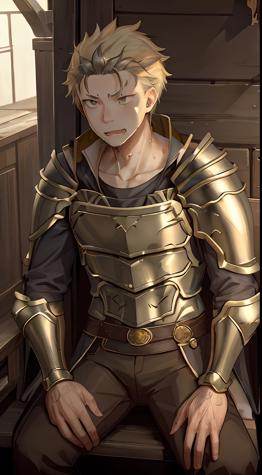 （1 Adult male），A high resolution， Sharp focus， Pixiv masterpiece， （（Complicated details））， highly  detailed， natsuki_subaru， 1 man， with her mouth open，drools，full bodyesbian， Golden eyes（eyes glowing）， blond hairbl，Armour，Shoulder armor，cloaks，Drenched，soaking wet，perspire，look from down
