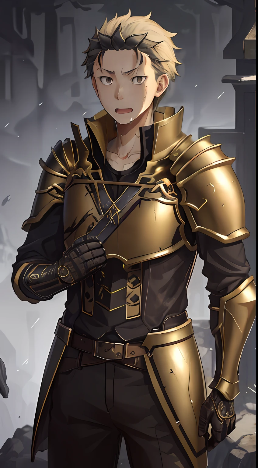 (1 Adult male),A high resolution, Sharp focus, Pixiv masterpiece, ((Complicated details)), highly detailed, natsuki_subaru, 1 man, with her mouth open,drools,full bodyesbian, Golden eyes(eyes glowing), blond hairbl,Armour,Shoulder armor,cloaks,Drenched,soaking wet,perspire,look from down